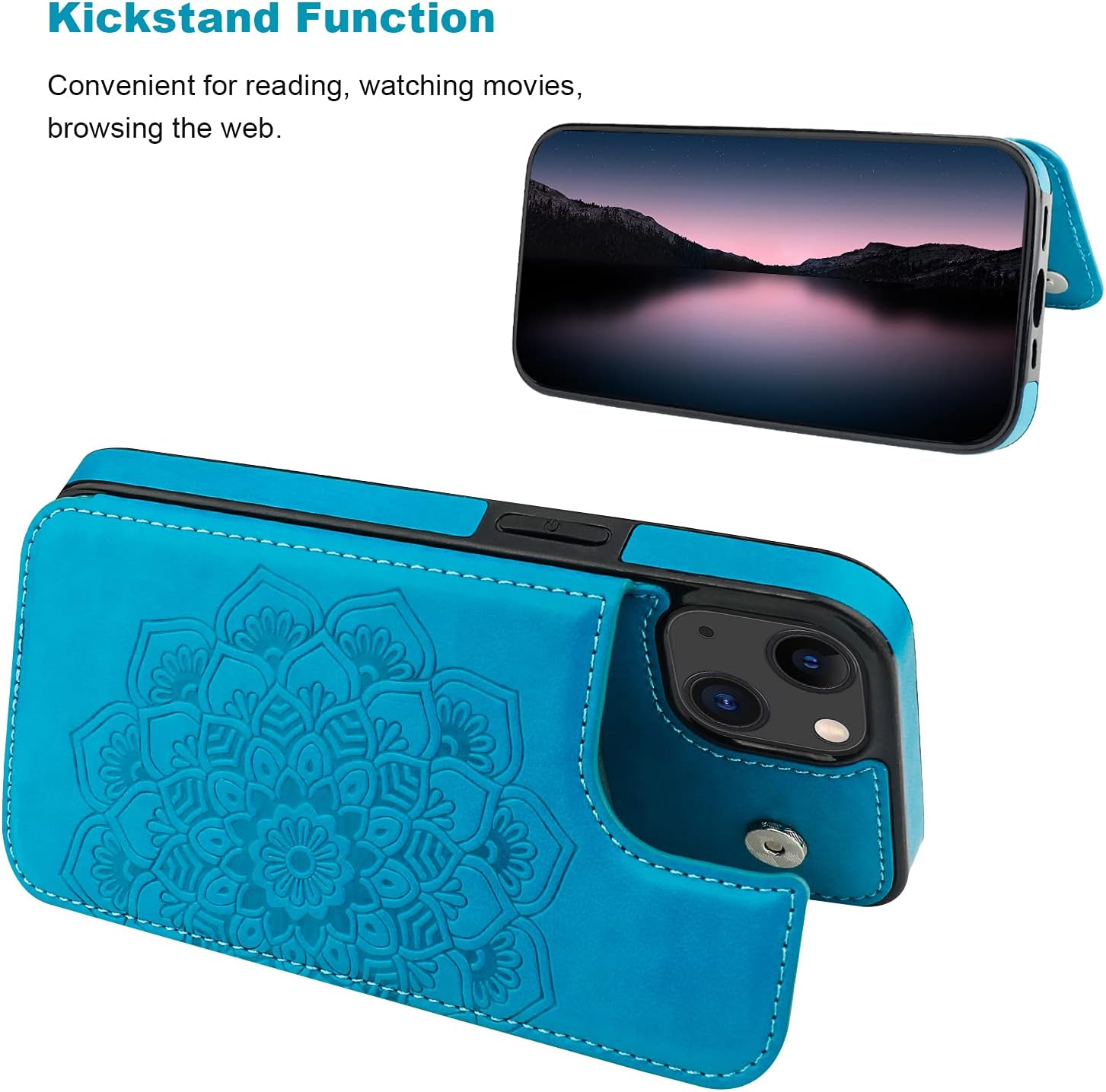 Vaburs Compatible with iPhone 13 Case Wallet with Card Holder, Embossed Mandala Pattern Flower PU Leather Double Buttons Flip Shockproof Cover for Magnetic Car Mount 6.1 Inch (Blue)