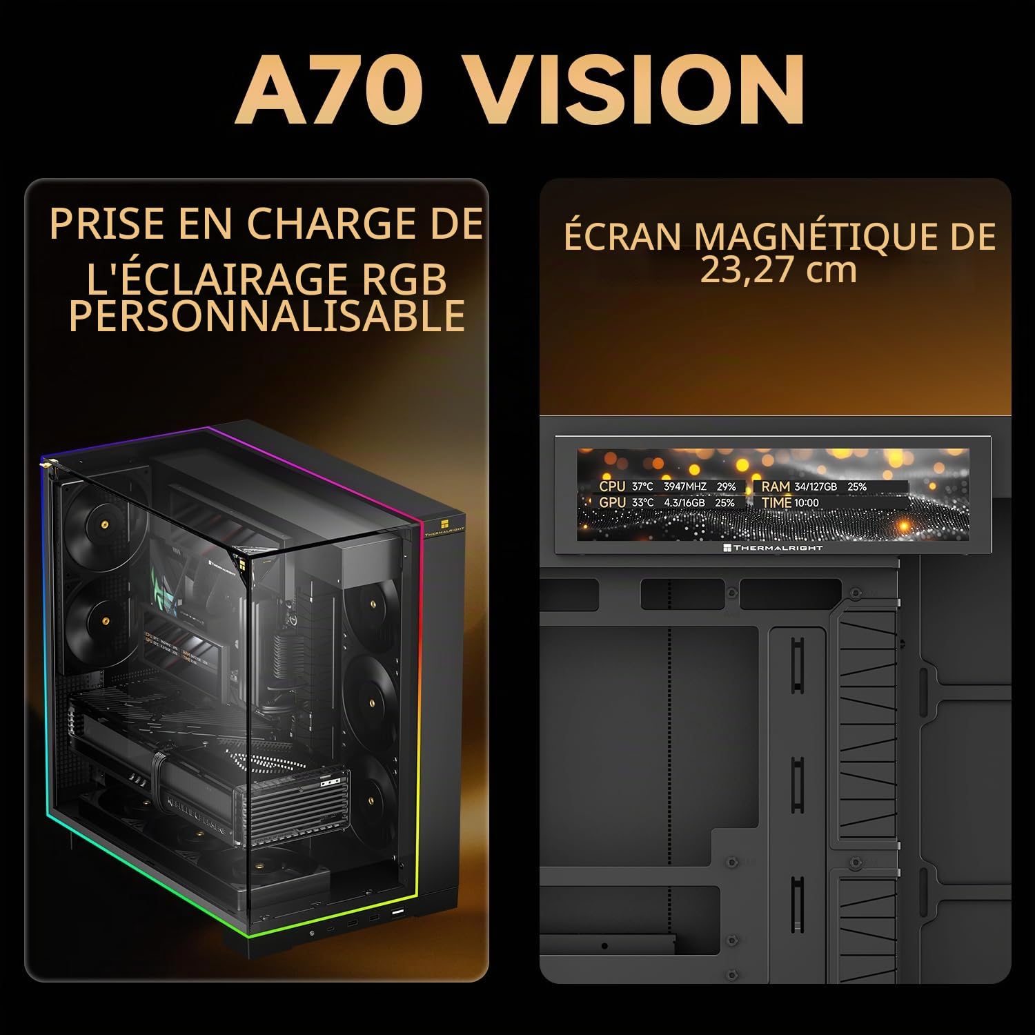 TR Boîtier PC A70 Vision - Éclairage ARGB 5 V - Design de Ventilation en Maille pour Un Refroidissement Optimal - Emplacements de Disque Dur Flexibles - Idéal pour Le Montage DIY - avec écran de 9,16