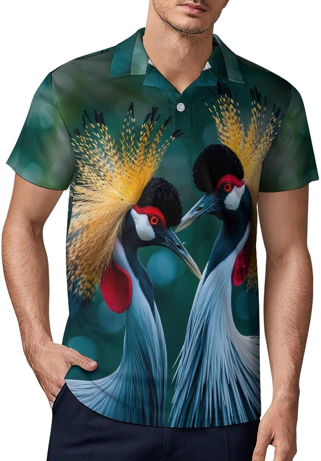 A Pair of Gray Crowned Cranes Novelty Men's Short Sleeve Shirt Golf Tennis Shirts Work T-Shirt Sport Tee