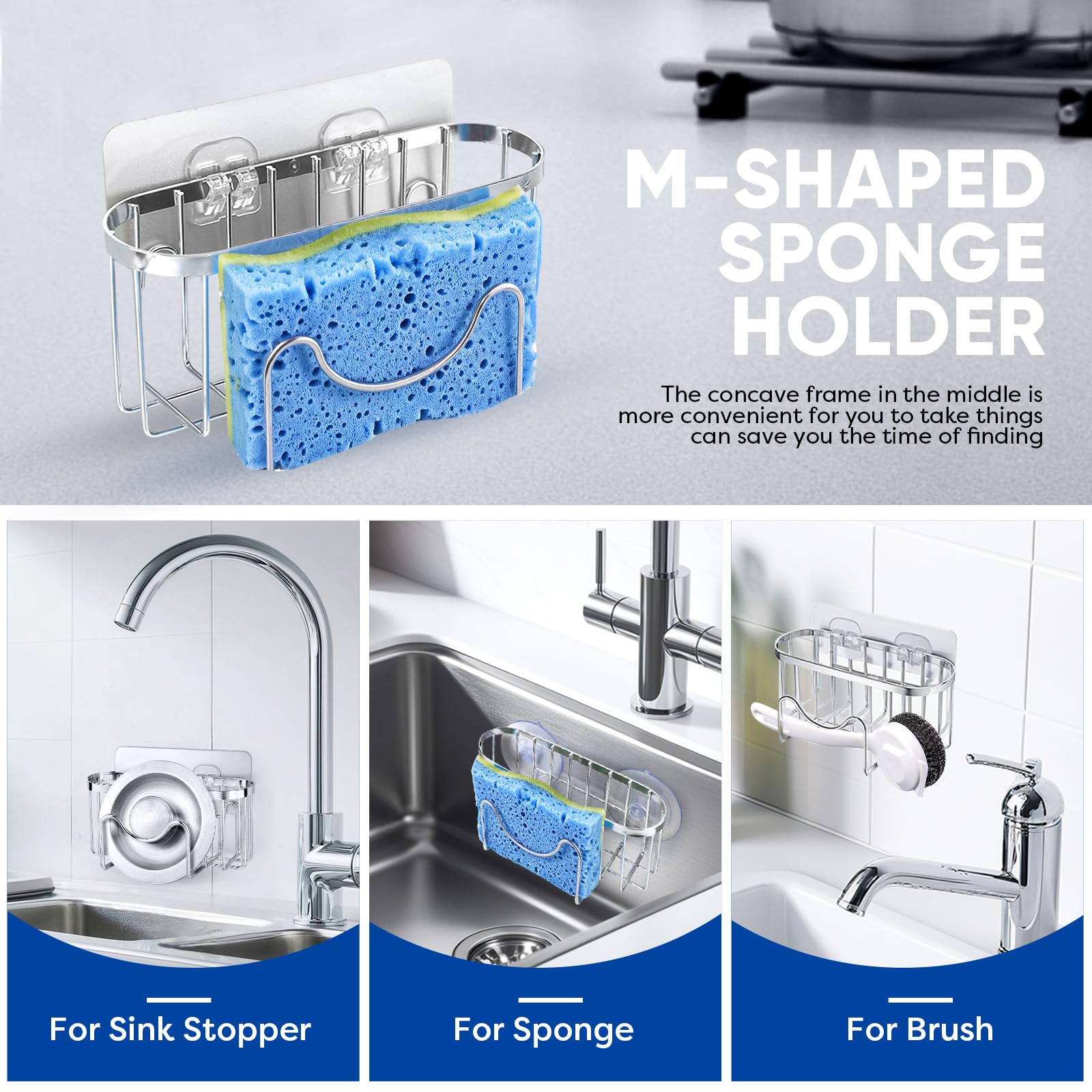 Organizer Da Lavello 3 In 1: Porta Spugna, Strofinaccio E Spazzola In Acciaio Inox 304 - 2 Modi Per Appenderlo (Ventose O Gancio) Per Una Cucina Sempre In Ordine - 2