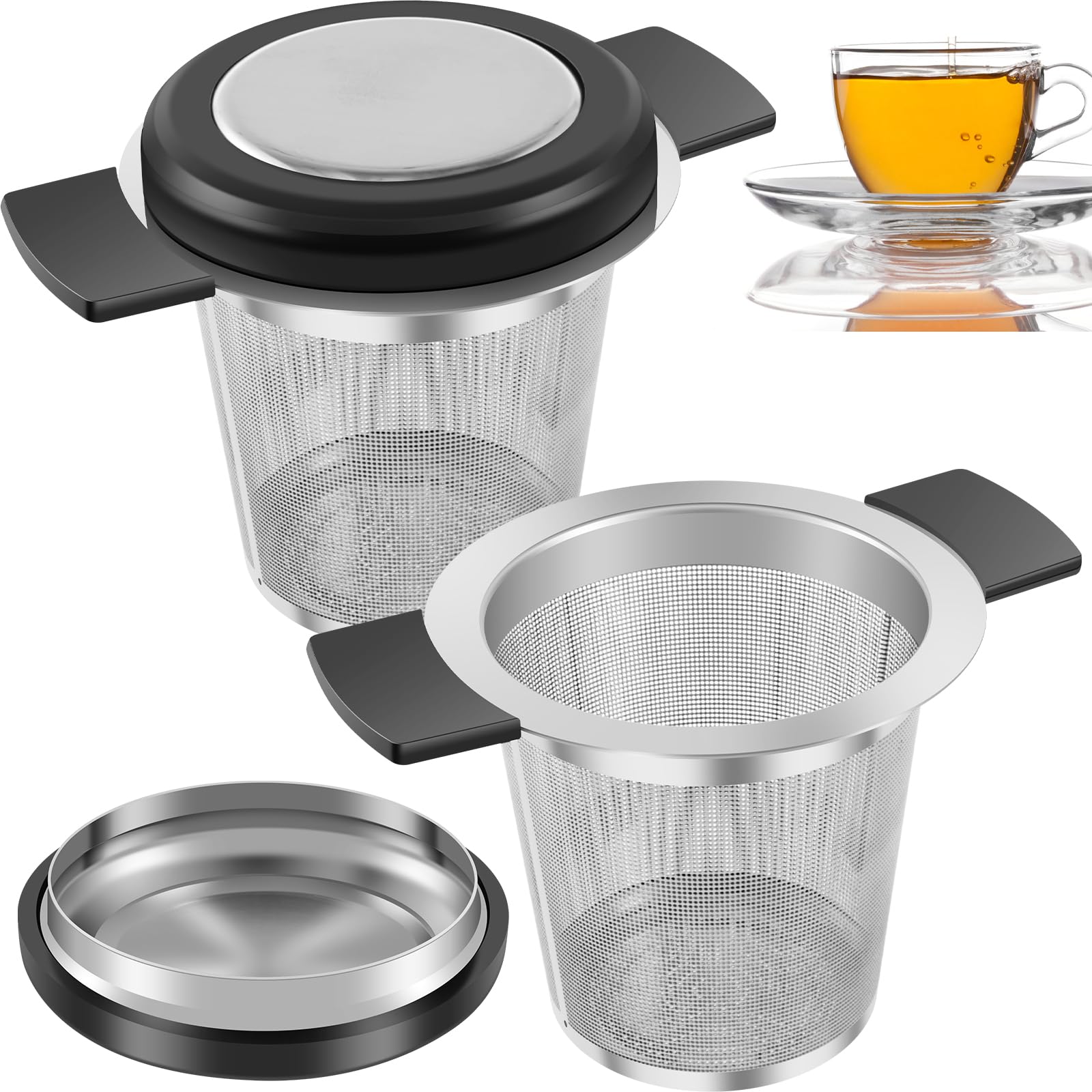 Lulobtg Black 2 Pcs Tea Infuser 304 Stainless Steel Tea Strainer With Dual Silicone Handles & Lid Teapots Cups Mugs To Brewing Steeping Loose Leaf