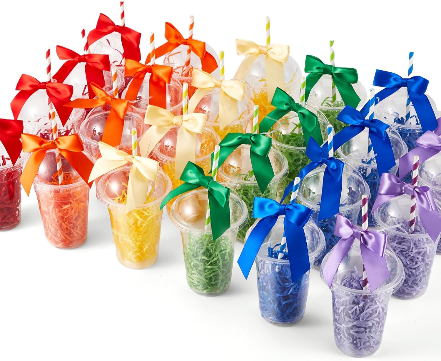 Patelai 30 Set Classroom Birthday Gifts Include Rainbow Plastic Cups with Dome Lids Colorful Straws Decorative Bows and Raffia Birthday Cups for Students Reward Prize Classroom Party Supplies