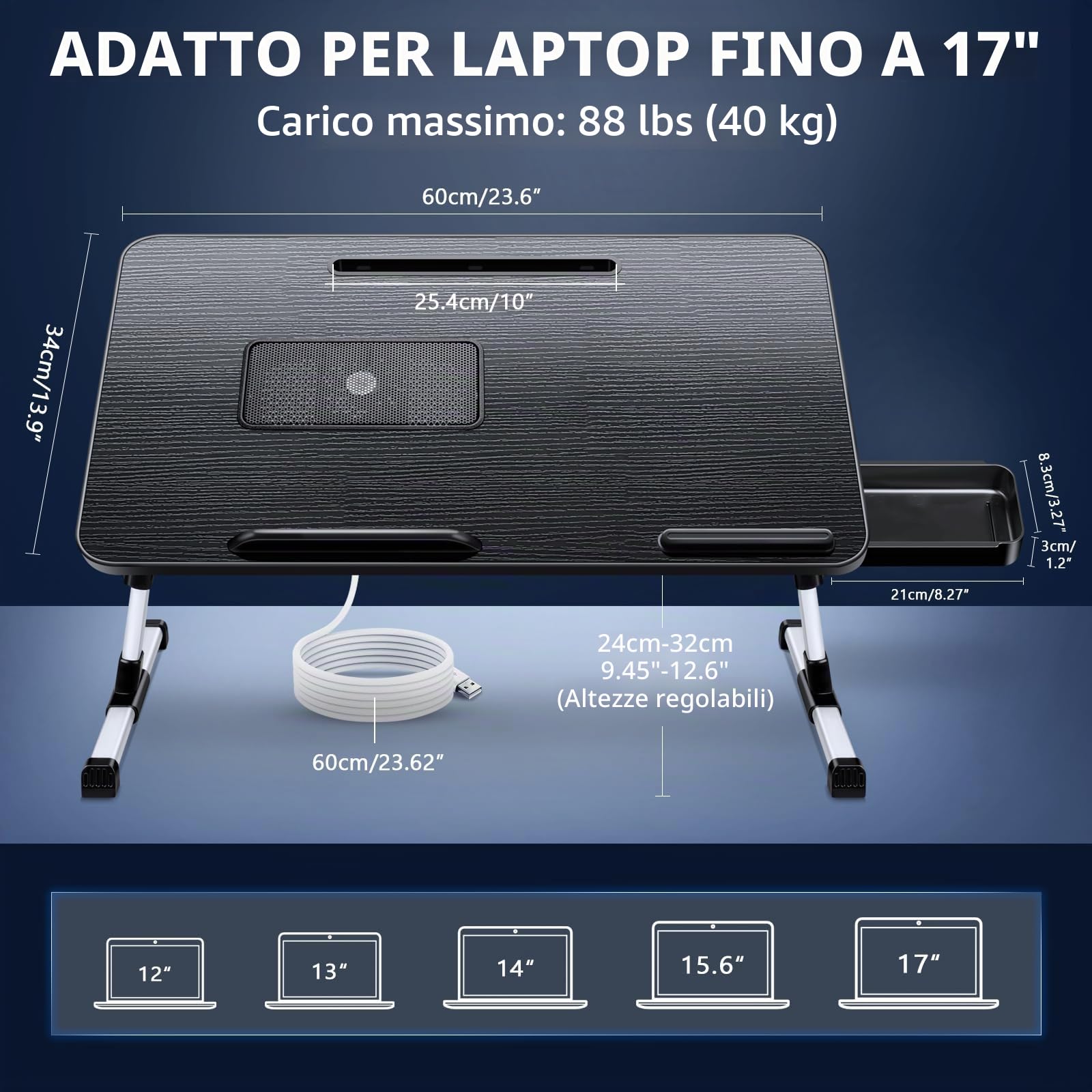 ICARE Tavolino da Letto, Regolabile in Altezza und Angolo, Scrivania da Letto con Ventola PC, Supporto per Tablet, Cassettiera, Tavolo per Letto, Divano, Pavimento (60 x 34 cm, Nero)