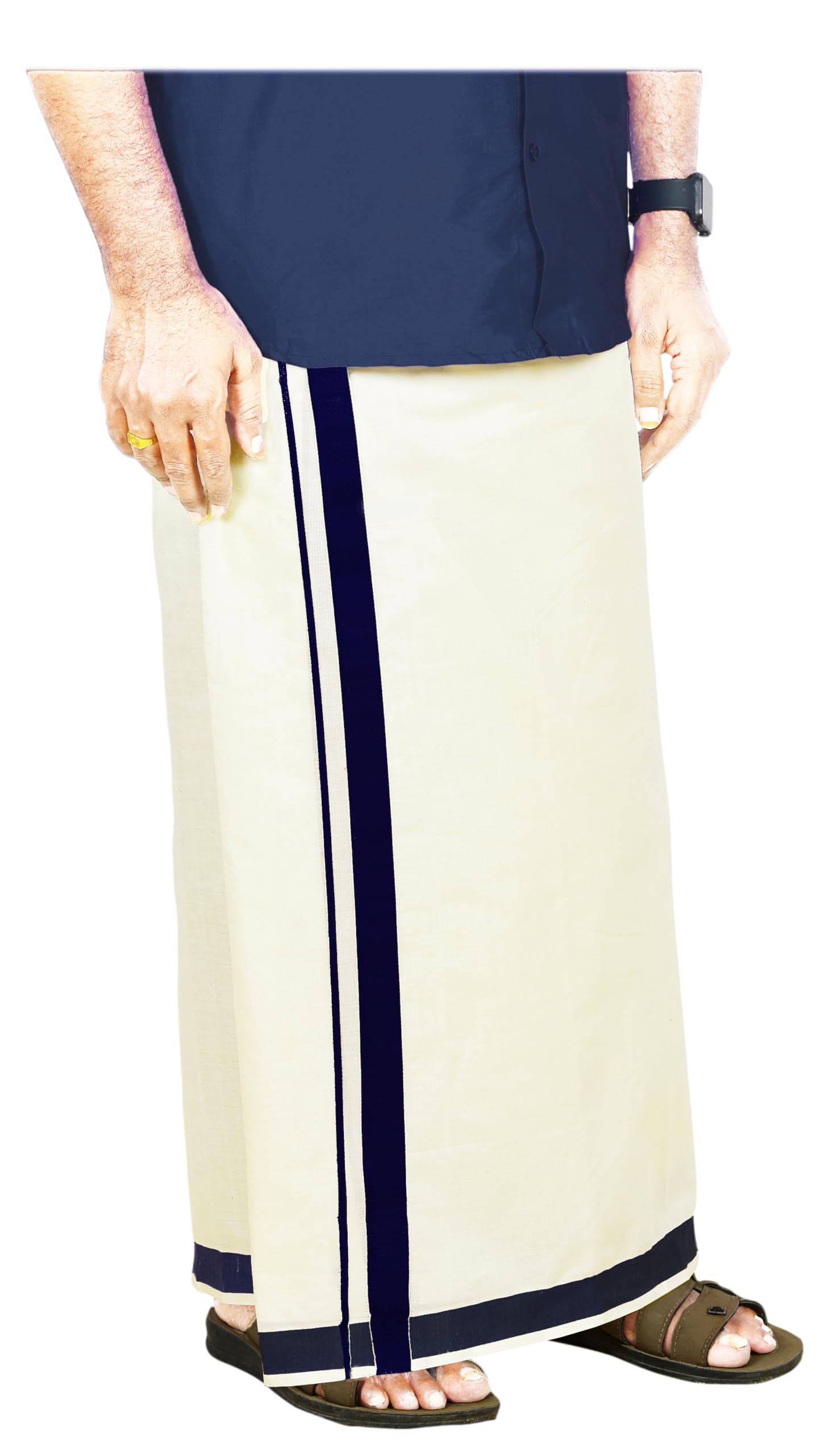 Mens Thick Border 100% Cotton Cream Dhoti 4.0 Meters Double Mundu/Vesti