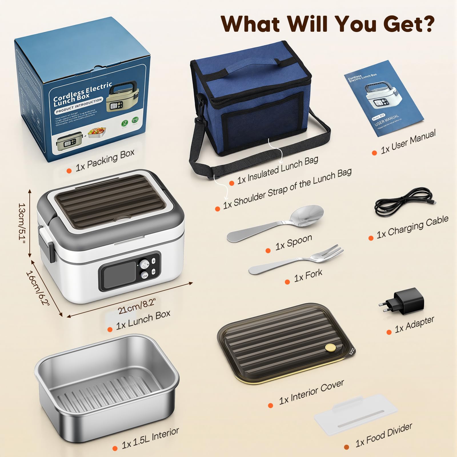 Lunch Box Riscaldato, Lunch Box Riscaldato Intelligente da 1.5L con Touchscreen, Scaldavivande Elettrico Wireless con Piatti in Acciaio Inox e Borsa Termica, Ideale per l'Ufficio/Viaggi/Campeggio