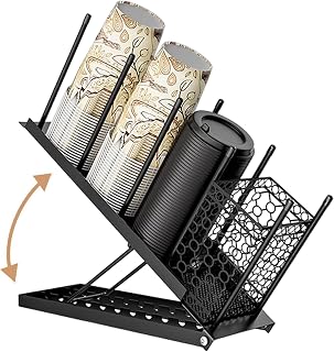 Cup and Lid Holder, Adjustable Coffee Cup Organizer, 4 Compartments Disposable Cup Dispenser with Bottom Tray Pipe Screws Installation Tool for Coffee Station Bar Worktop Metal Black