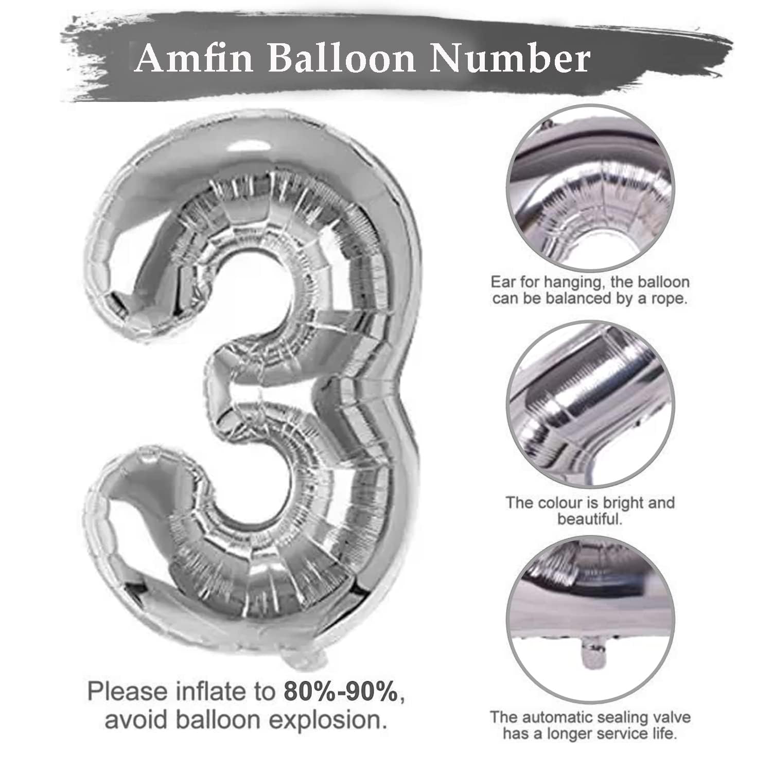 FI - FLICK IN 1 Pc Big Size Number 3 Foil Balloon 32 Inch Large Silver Number Foil Balloon 0 to 9 Number Balloons for Decoration 3rd Birthday Anniversary Decoration Items (Pack of 1, Silver) 2