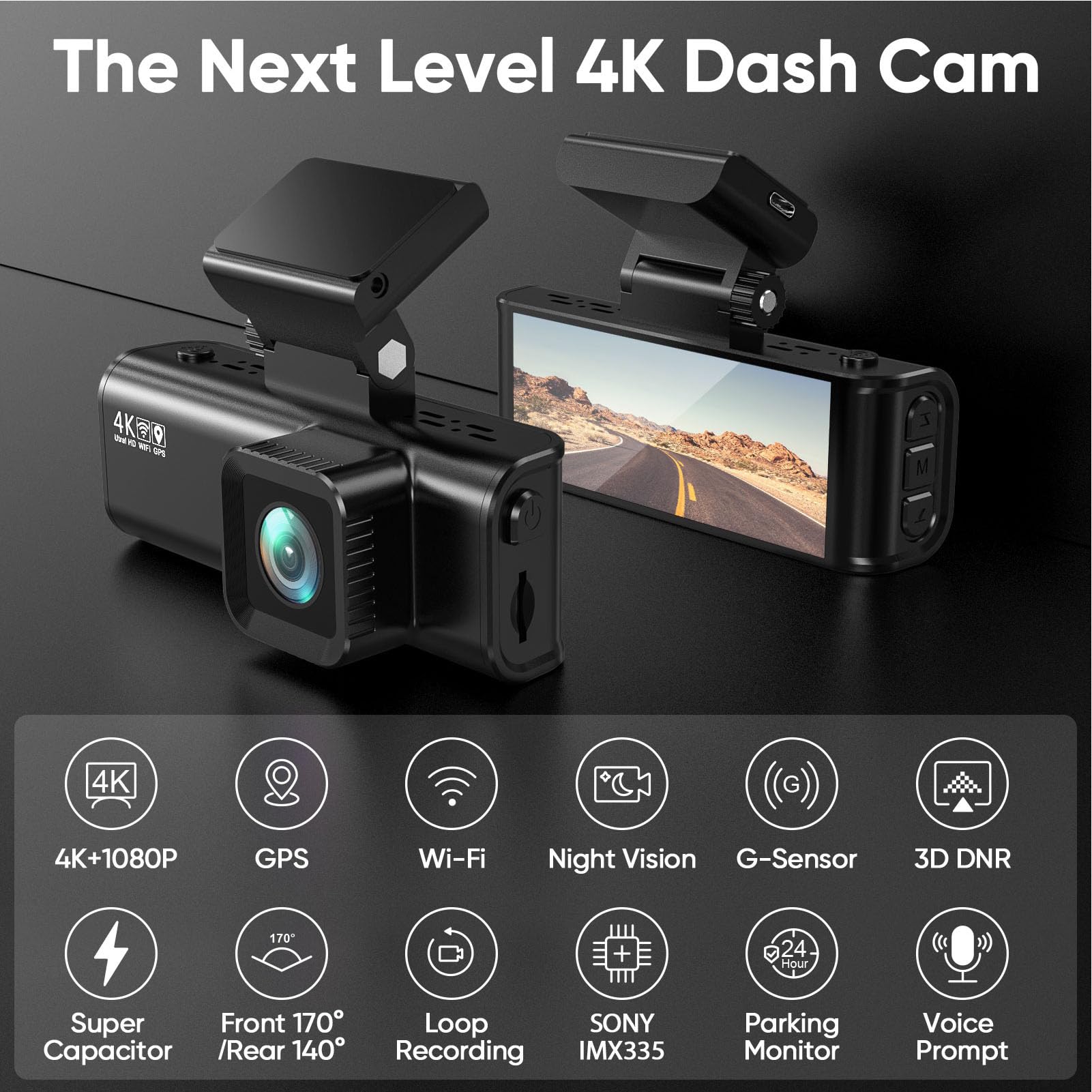 Zunate Kamera na Desce Rozdzielczej, Ekran 3,18 Cala, Podwójny Tylny Aparat 4K Front 1080p, Rejestracja Pętli o Szerokości 170 Stopni, 5G WiFi, Kontrola Aplikacji, GPS, 24 -godzinny
