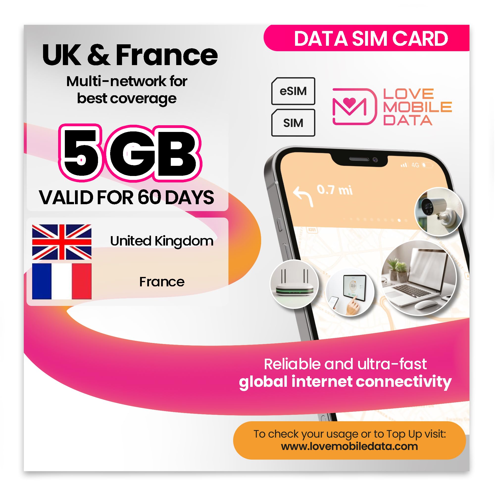 Love Mobile Data Only Sim Card - International Multi-Network 4G/5G Prepaid Pay As You Go Data Sim for Mobile Phones, WiFi Routers, & More, UK & France - 5GB for 60 Days
