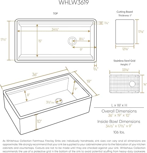 Miniatura 5 de Whitehaus Collection Juego de fregadero reversible de arcilla refractaria de 36 pulgadas con un delantal frontal liso, tabla de cortar de madera de