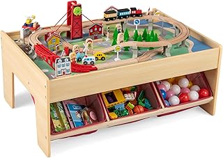 HONEY JOY Train Table, Wooden Kids Activity Table with 3 Storage Bins, 94 Multicolor Pieces, Tracks, Trains, Cars, Toddler Train Table Set with Reversible Tabletop, Gift for Boys Girls Age 3+