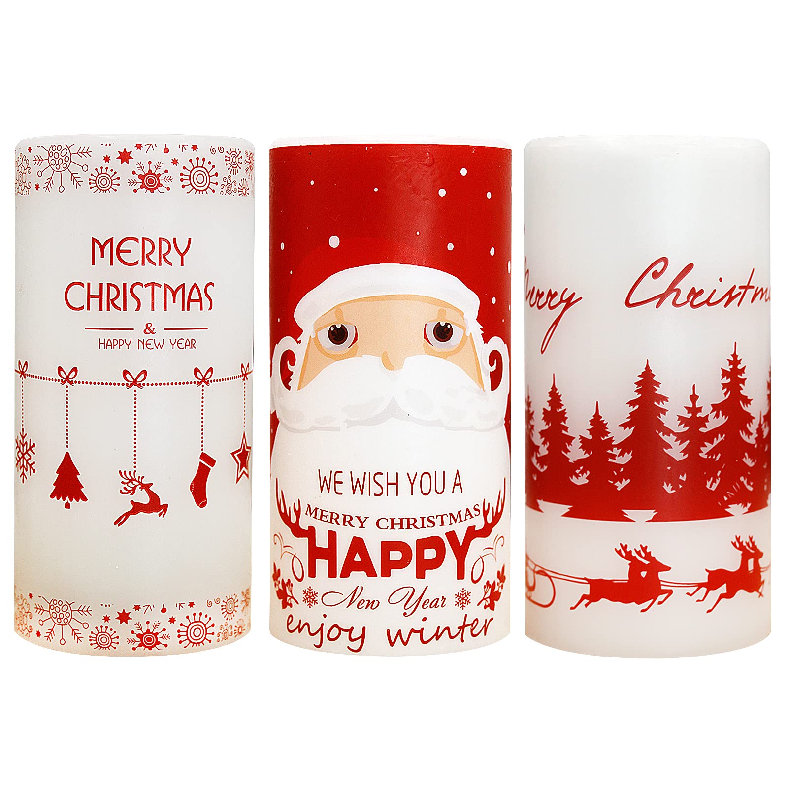 Christmas Flameless Candles with 6H Timer, Flickering Battery Operated Real Wax Electric LED Pillar Candles for Xmas Decoration Stockings Santa Claus Christmas Tree Decal Set of 3, D3 x H6