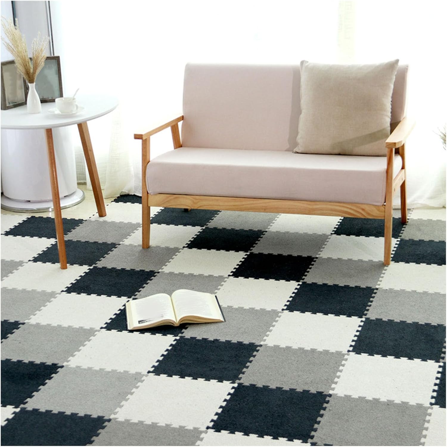 12x12in Square Interlocking Fluffy Flooring Tiles Mat,12PCS Anti-Slip Washable Fuzzy Soft Puzzle Foam Carpet Tiles,Split Joint Climbing Rug Mats(Color:Beige + Light Green + Dark Green)
