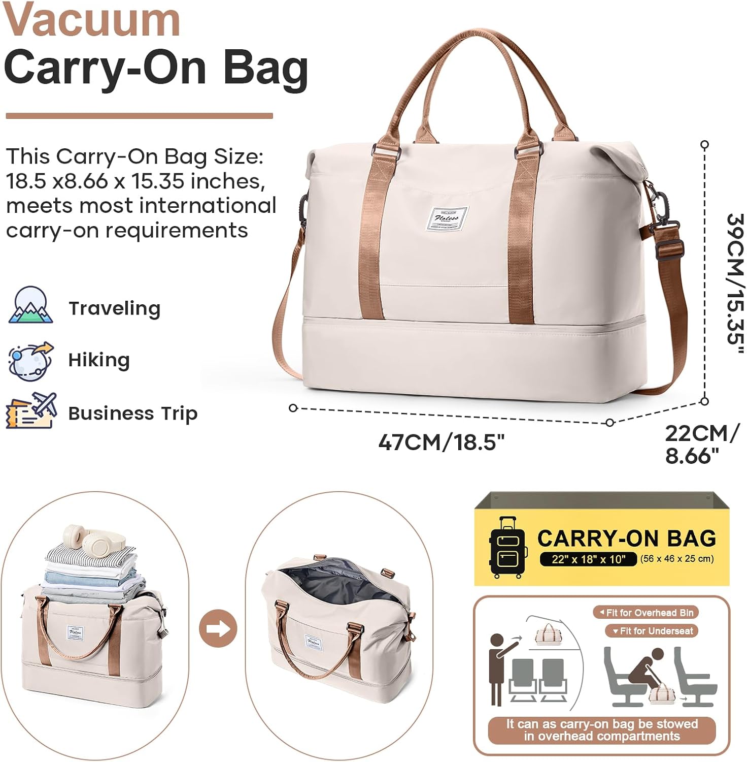 Overnight Weekender Bags for Women,Vacuum Travel Duffel Bag with Air Pump, Personal Item Travel Bag with Shoes Compartment & Compression Pocket,Beige & Brown - Image 2