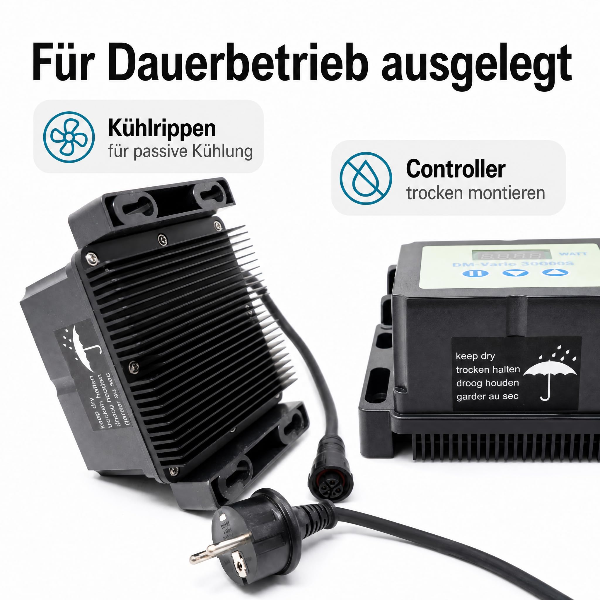 Pumpensteuerung kompatibel mit AquaForte DM‑Vario 30.000S, Sine‑Wave‑Controller mit WATT‑Anzeige, 3‑Tasten‑Bedienung, robustes Gehäuse mit Kühlrippen, Schuko‑Netzstecker & 4‑poliger Rundstecker