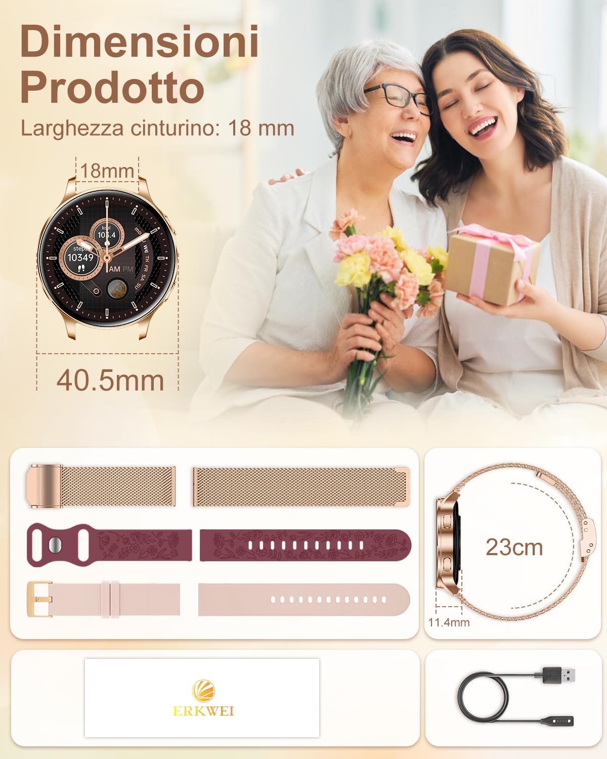 Orologio Smartwatch Donna Piccolo con Effettua/Risposta Chiamate 3 Cinturini 41mm AMOLED Smart Watch Rotondo per iOS Android Orologio Fitness Contapassi Sonno Cardiofrequen Calcolatrice, Oro Rosa