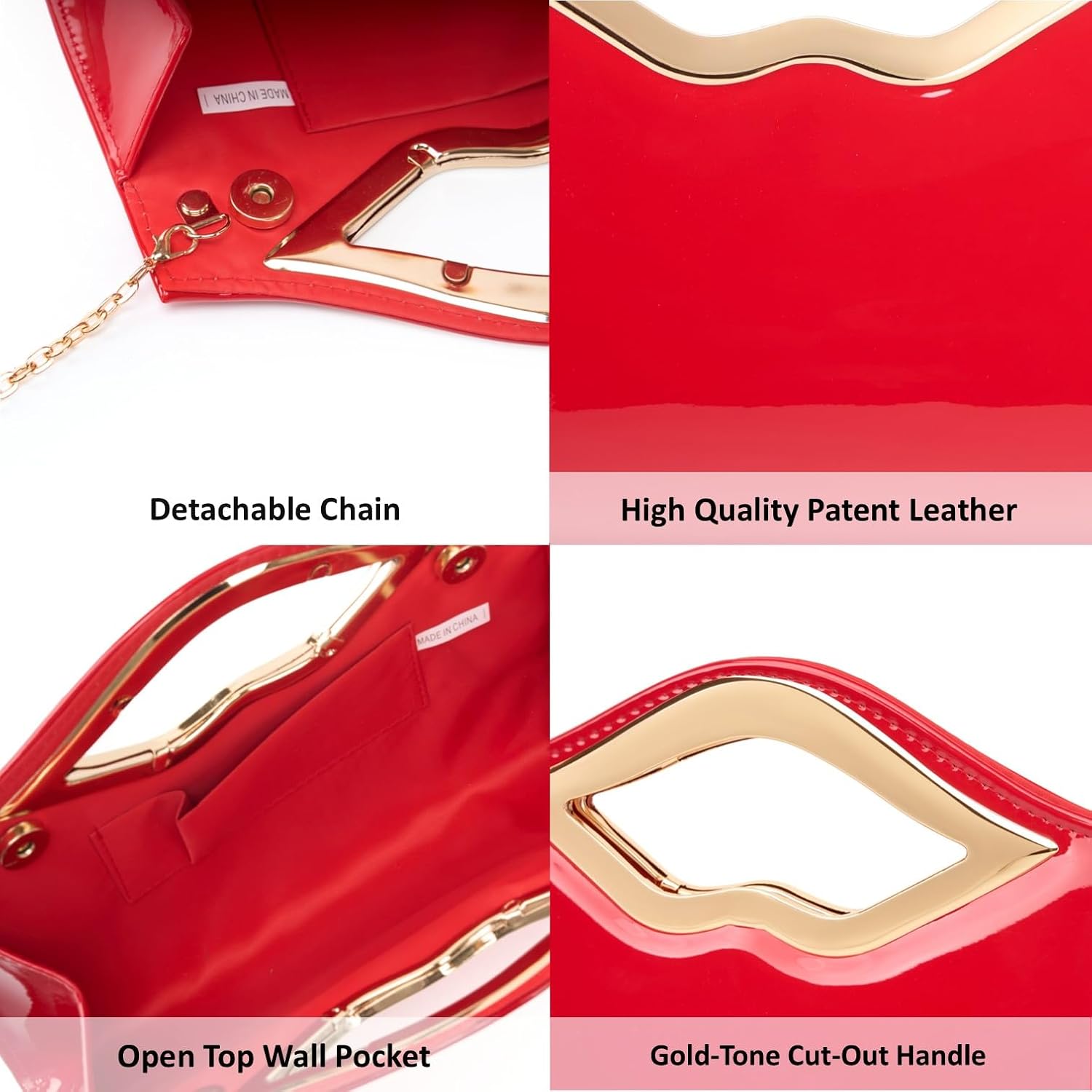 Patent Leather Evening Clutch Purse for Women Lip Metal Grip Handle Handbag for Cocktail Party Prom - Image 6