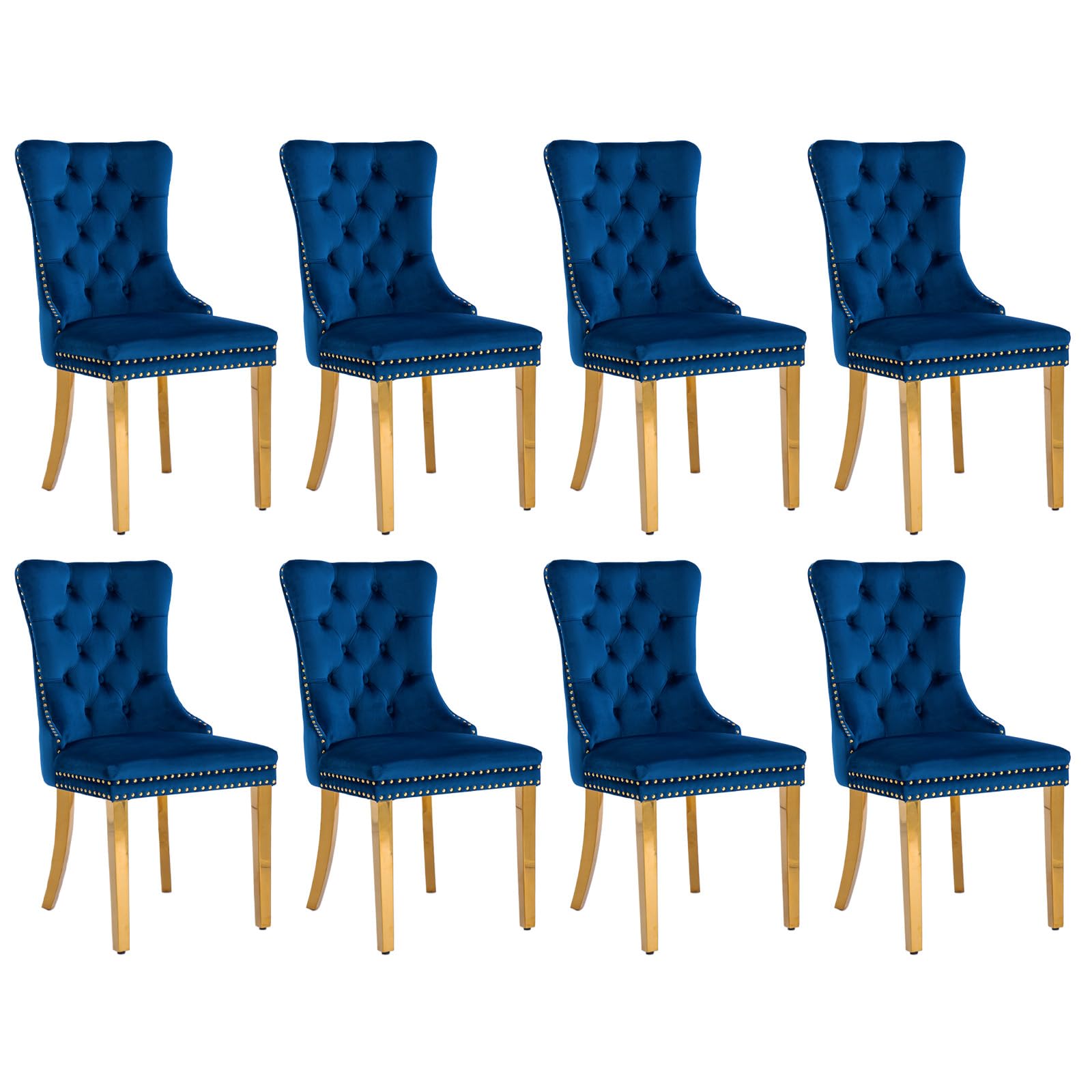 SoarFlash Velvet Dining Chairs Set of 8, Tall Back Side Chair, Modern Upholstered Side Chair with Button Back Ring, Gold Plated Stainless Steel Legs (