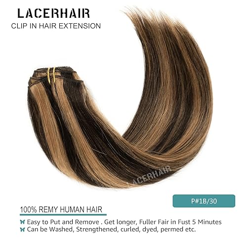 Miniatura 5 de Lacer Extensiones de cabello humano con clip, de 16 pulgadas, color negro natural, castaño P#1B30, extensiones de cabello grueso para mujer, 7