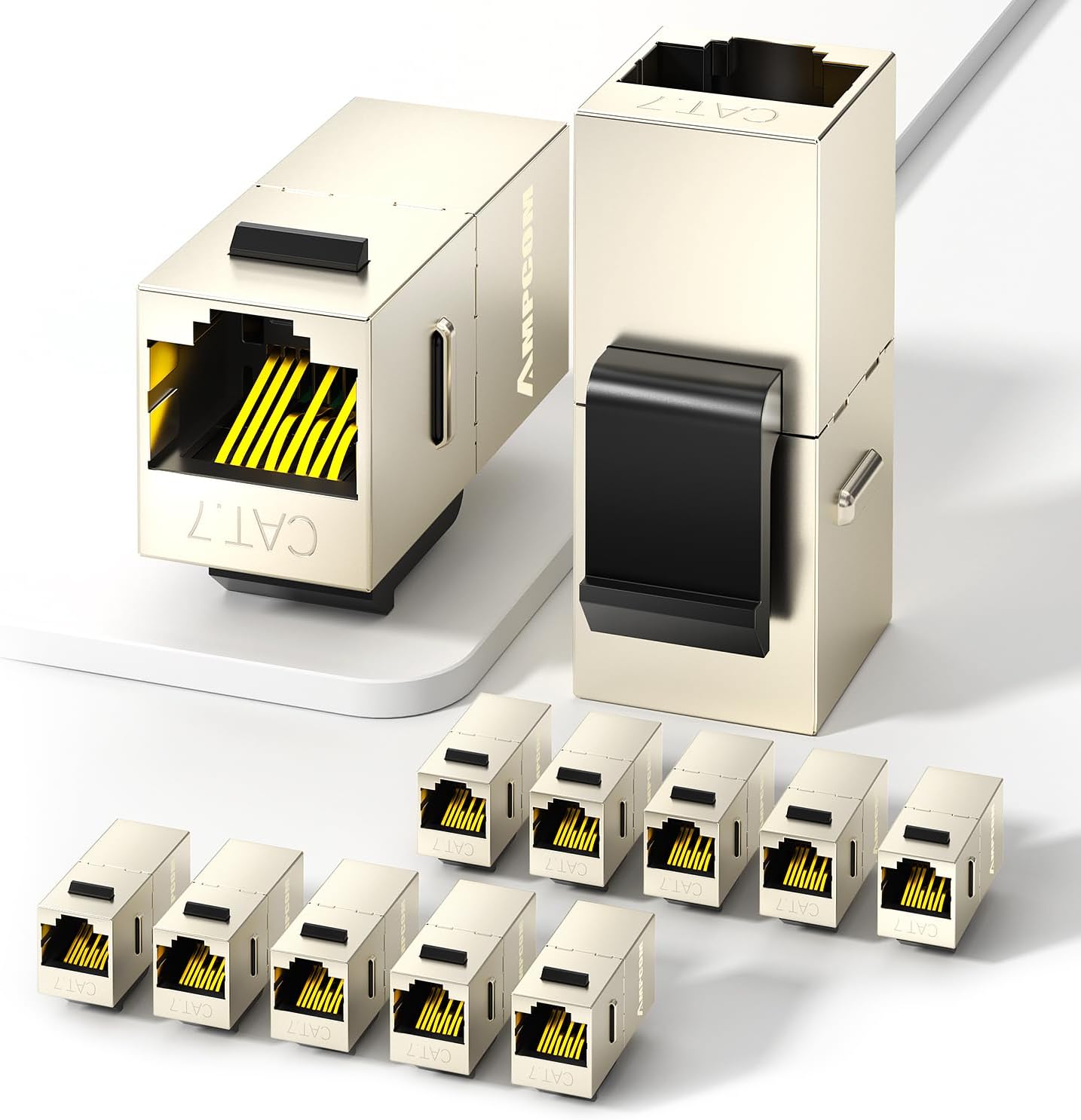 AMPCOM CAT7 Inline Coupler RJ45 STP Keystone Jack, Shielded Female to Female Feedthrough Ethernet Module- 12 Pack