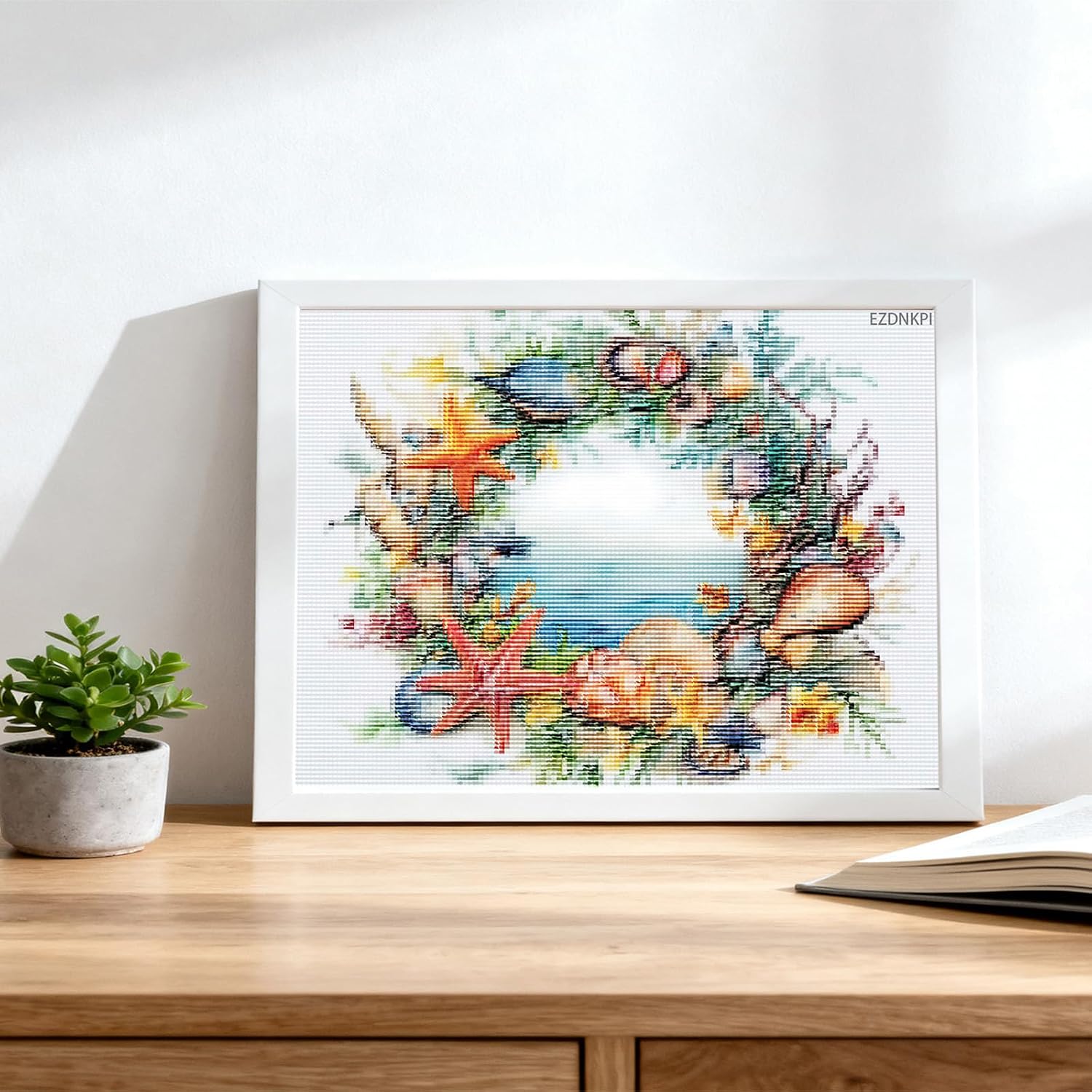 EZDNKPI Starfish Shell Floral Wreath 11ct Counted Cross Stitch Kit Multicolor 12x16inch