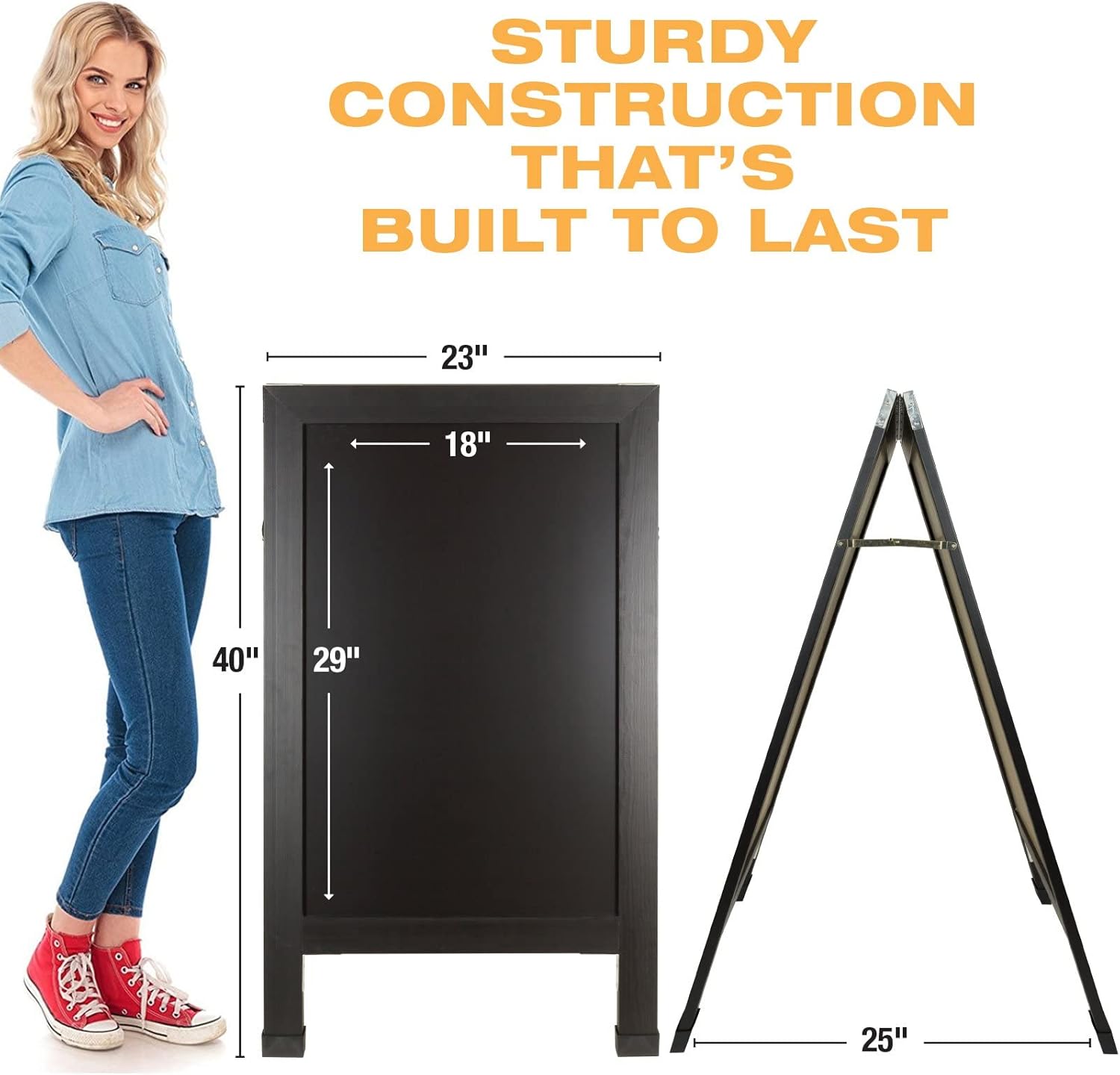 Excello Global Products Large Double-Sided 40x23 Heavy-Duty A-Frame Sidewalk Chalkboard Standing Sign, Includes 10 Chalk Markers, 40 Piece Stencil Set, Chalk and Eraser (Black)