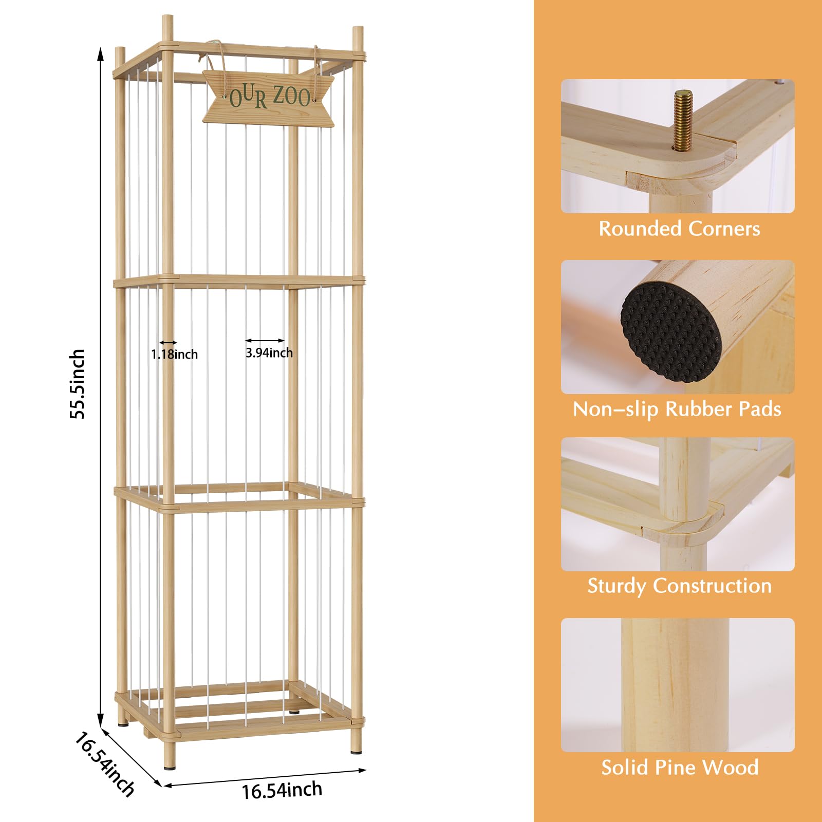 16.5 * 16.5 * 54 In Large Stuffed Animal Storage Corner Organizer, Wood Stuffed Animal Zoo, Capable of Holding Up to 300 Stuffed Animal– Ideal for Birthday Gift