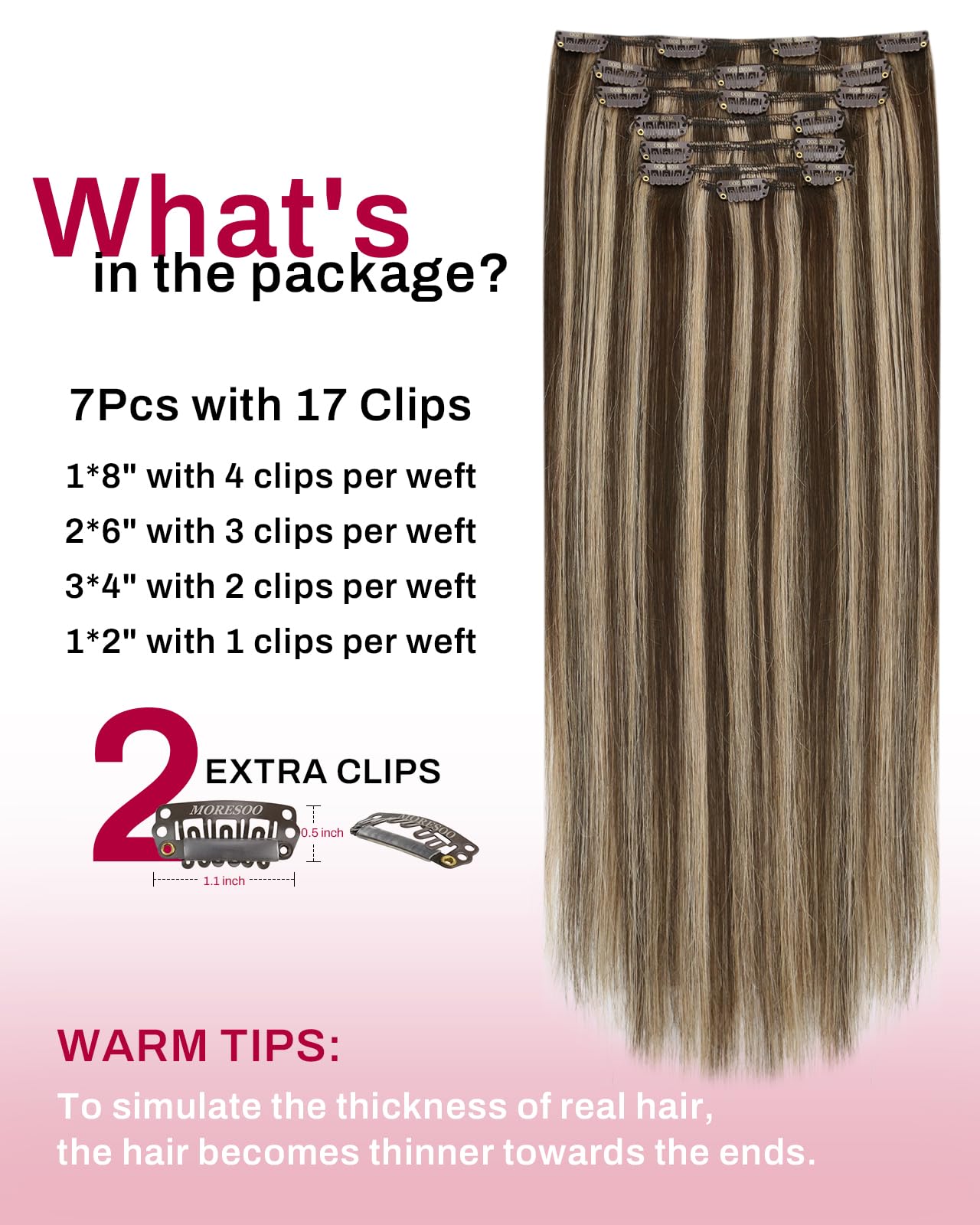 Moresoo Clip in Hair Extensions Real Human Hair Balayage Medium Brown and Blonde Real Hair Extensions Clip in Human Hair for Women Full Head 22 Inch 7pcs/120g #4/6/613 — view 83