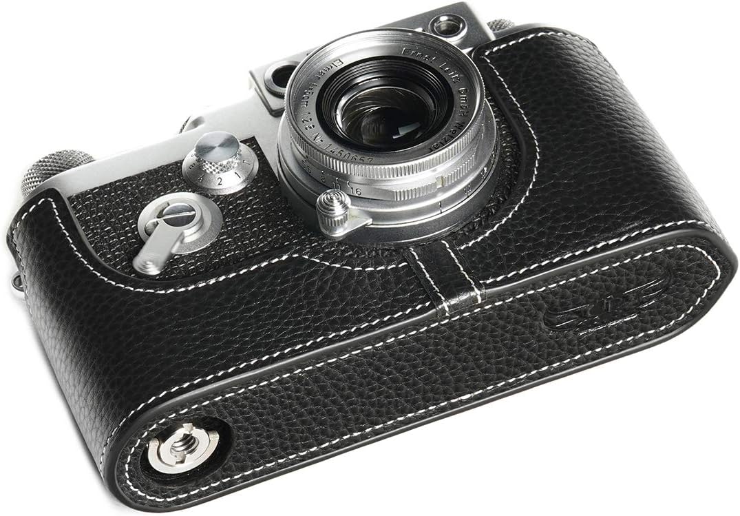for Leica iiig Case, BolinUS Handmade Genuine Real Leather Half Camera Case Bag Cover for Leica iiig (The Case Will Not Cover The Selfie Stick) Camera (Black)