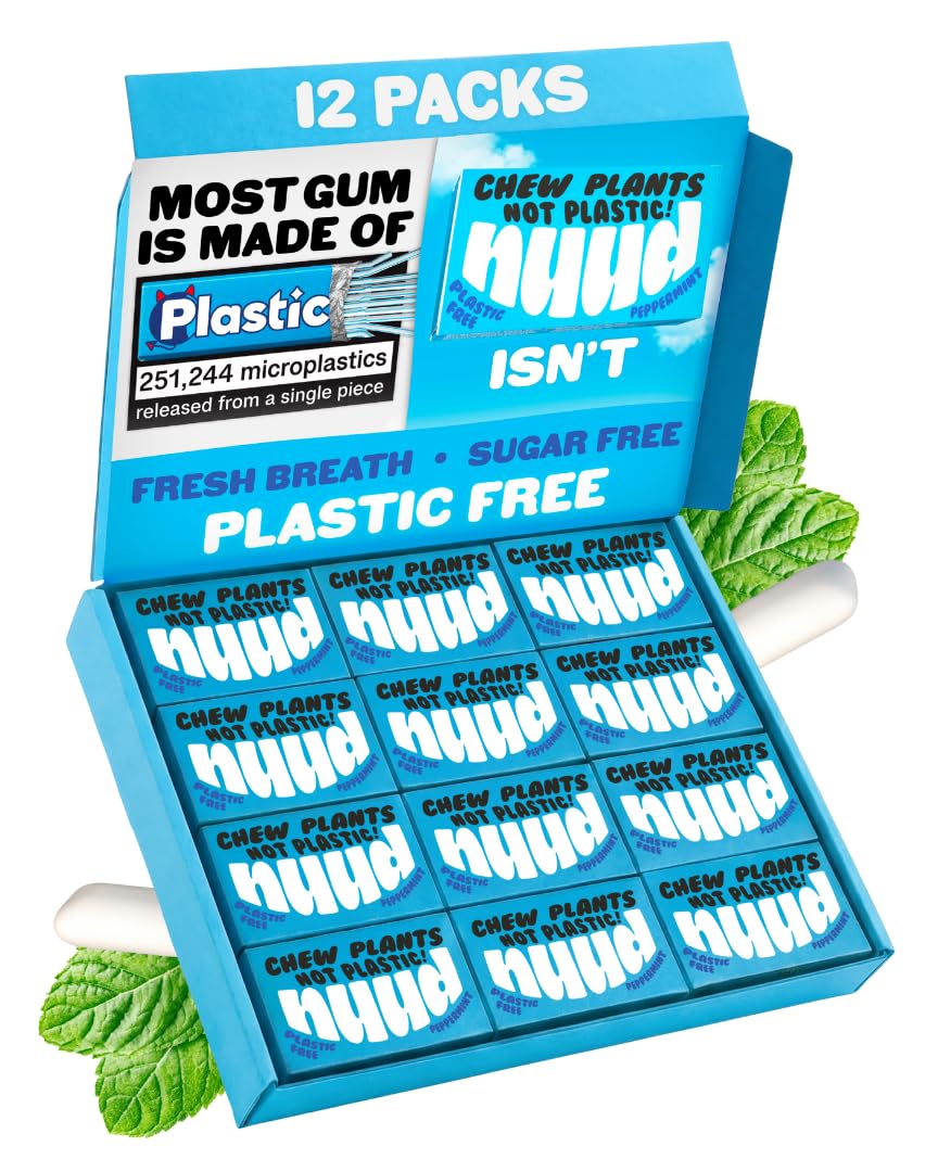 Plastic Free Chewing Gum | Plant Based | Aspartame Free | Xylitol | Biodegradable | Sugar Free Chewing Gum | 12 Packs of 9 Pieces (Peppermint)