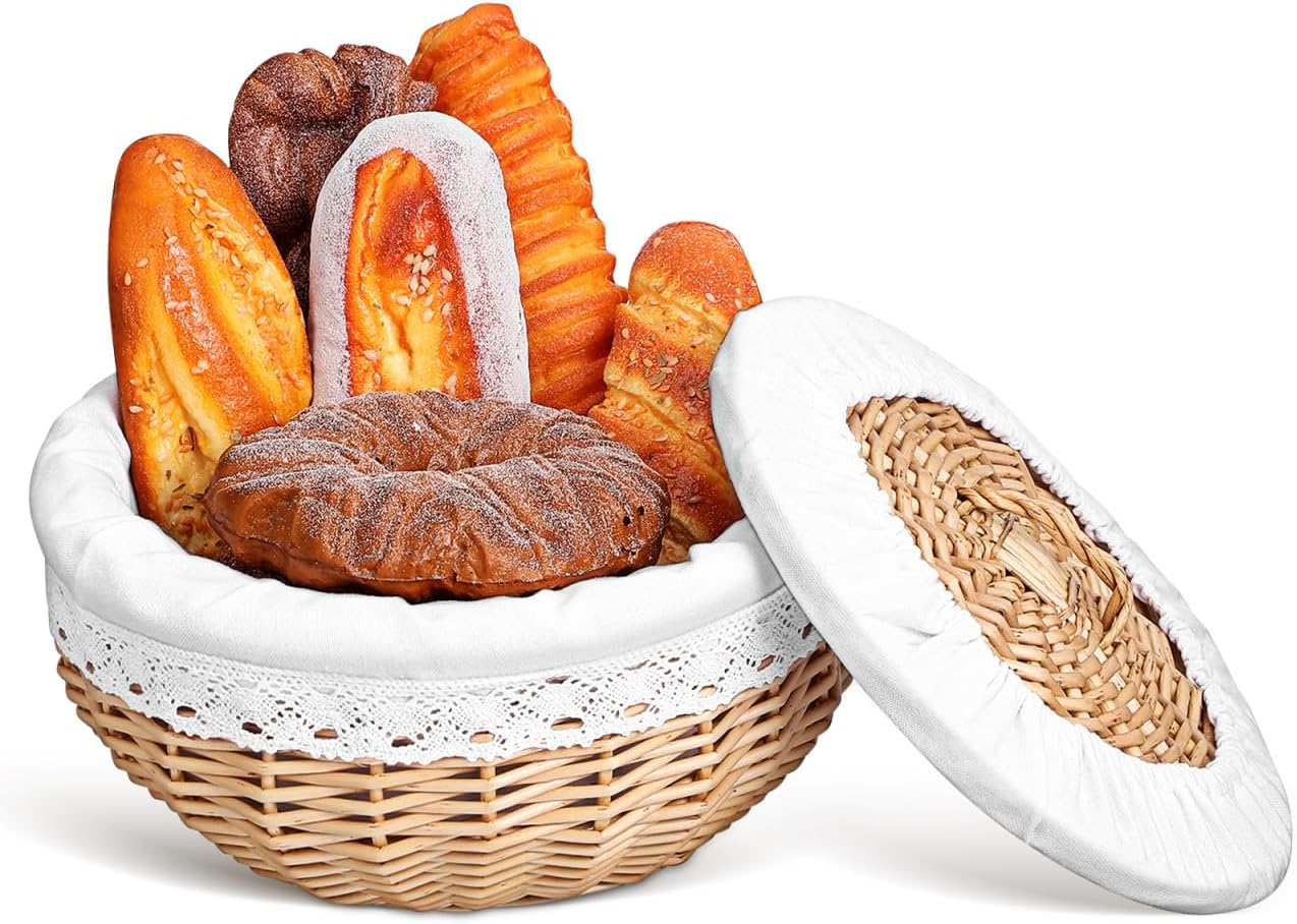 Ipetboom Wicker Bread Basket with Lid 9.84X9.84X5.90In Food Storage Basket for Pastry Fruit Snacks Kitchen Countertop and Dining Table Serving