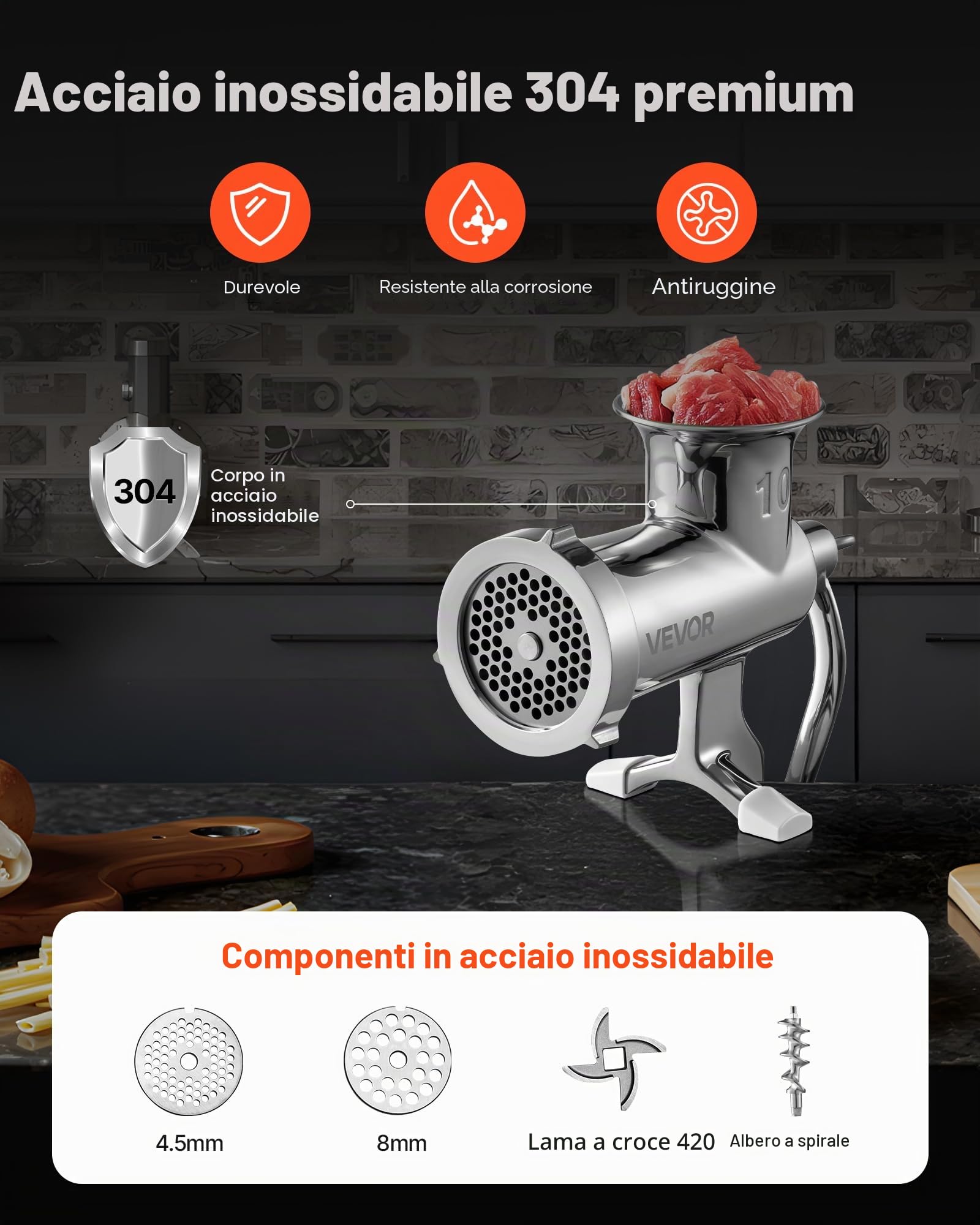 VEVOR Tritacarne Manuale per Impieghi Gravosi, Tritacarne in Acciaio Inossidabile 304 Diametro 8/8,3 cm, Uso per Macinazione di Verdure, Noci, Carne di Maiale, Manzo, Pollo, Pepe, Aglio, Arachidi, ecc