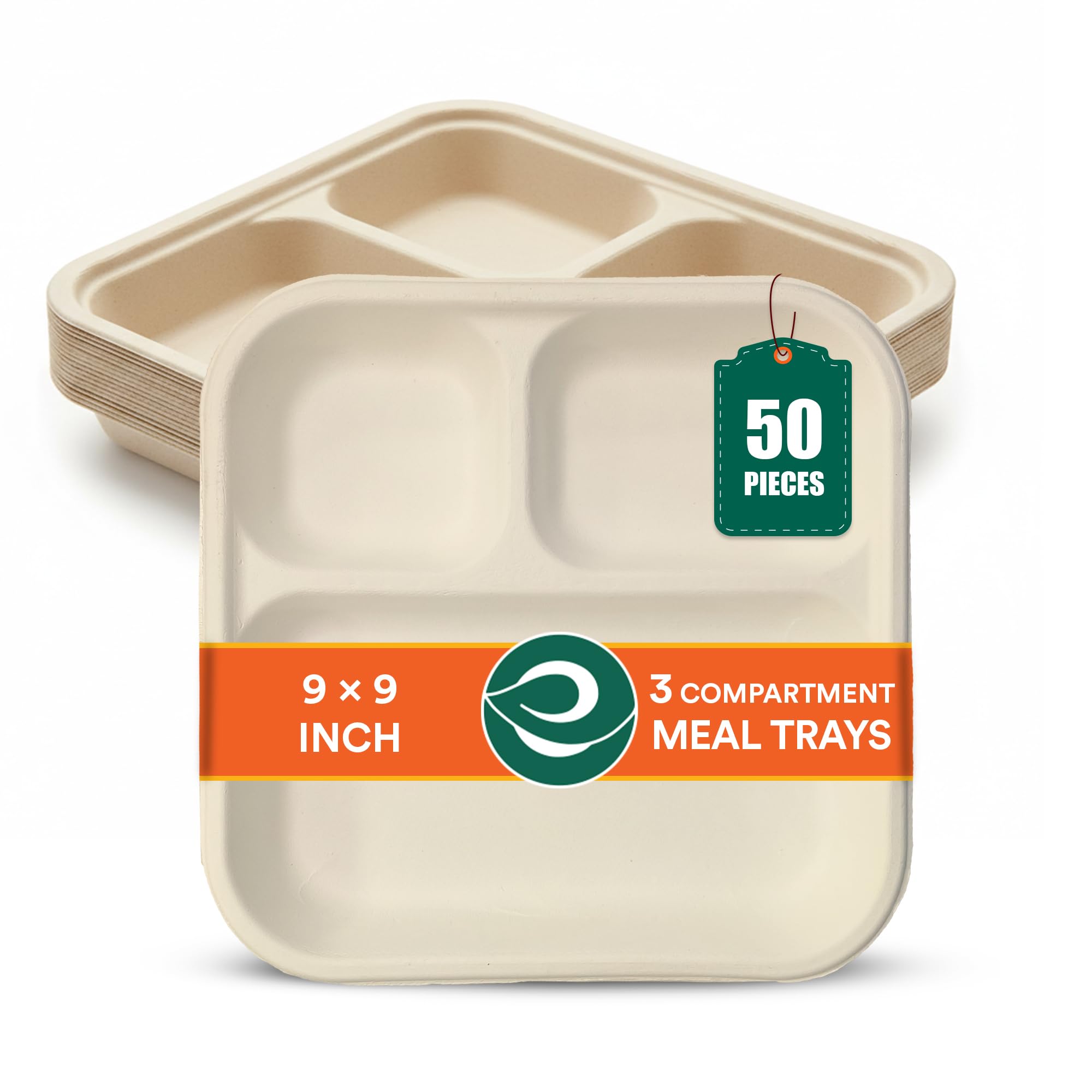 ECO SOUL [50 Pack, 3-Compartment Disposable Meal Tray | Compostable Bagasse Plates | Eco-Friendly Biodegradable Dinner Plates | Party, Wedding, Event Plates