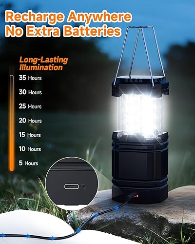 Miniatura 2 de Paquete de 4 faroles solares para campamento, linterna LED recargable con linterna, USB-C y funciona con energía solar, luces de emergencia