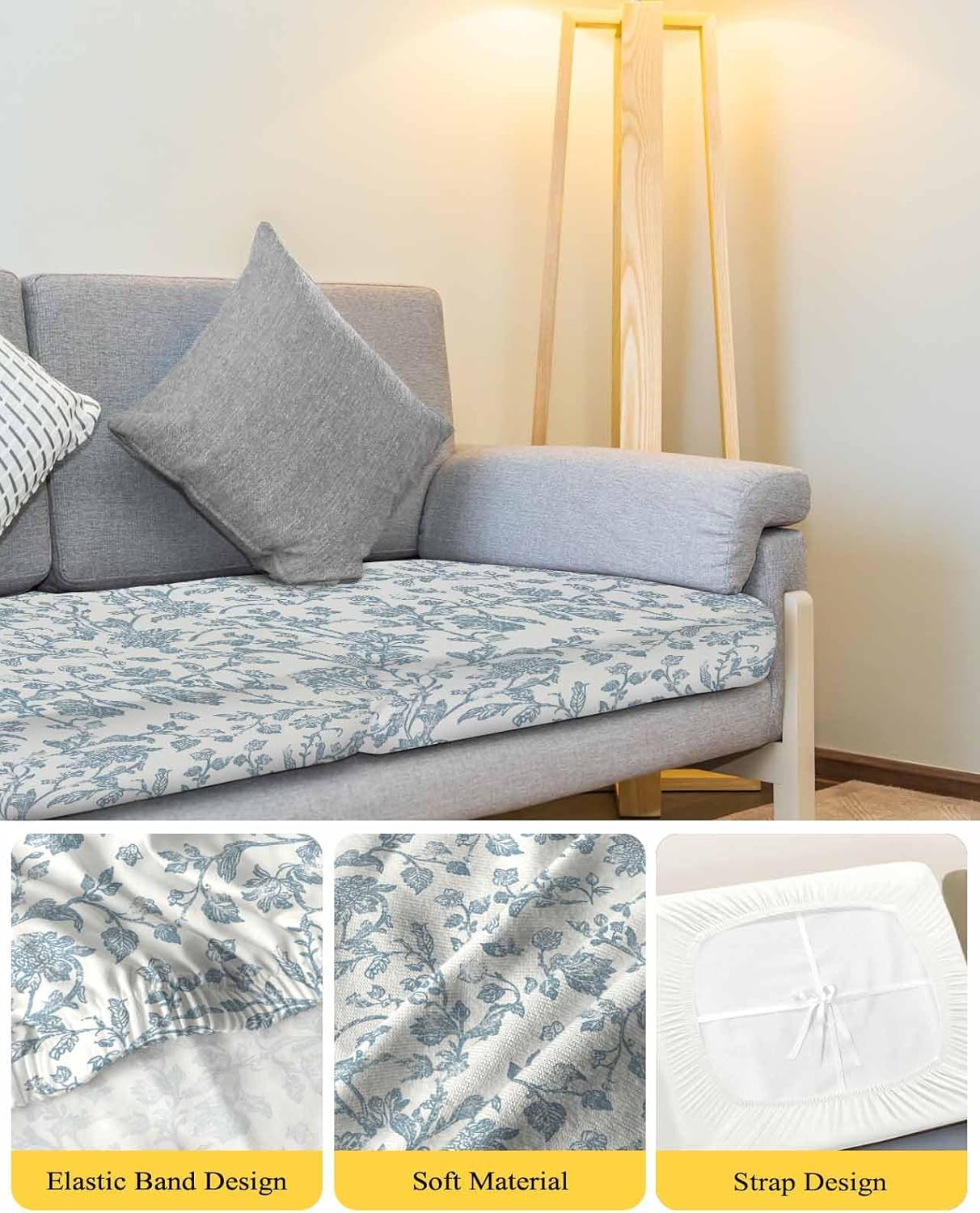 Light Blue Flower Southwest Couch Cushion Covers Stretch Fitted Individual Sofa Slip Covers for 2 Seat Cushion Couch Washable Sofa Slipcovers for Sectional Pet(M, Vintage Farmhouse Boho Leaf Spring)