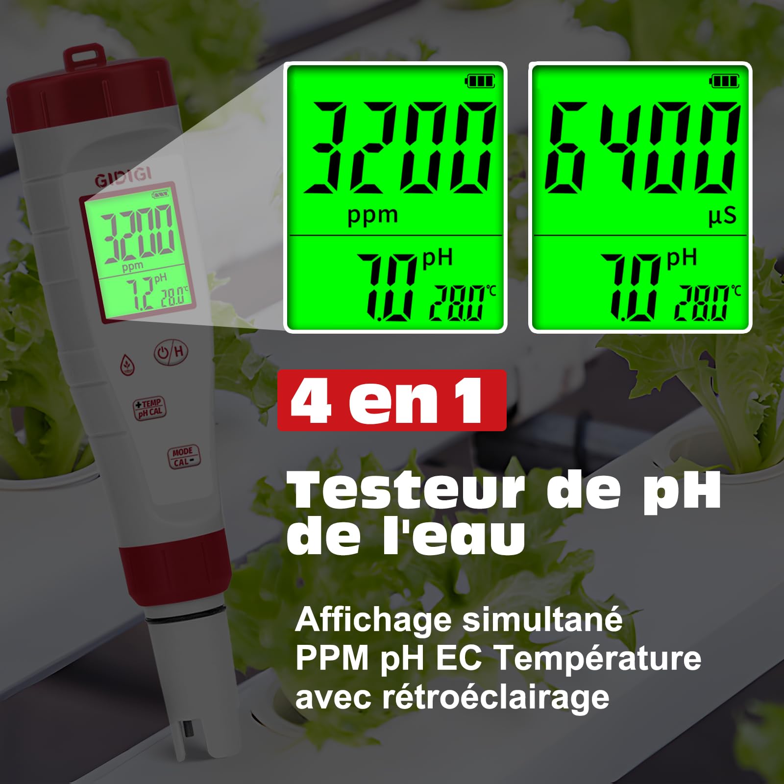 pH-mètre pour l'eau, 4 en 1 Testeur de pH et ppm,Affichage simultané du TDS, du pH, de la CE(conductivité) et de la température pour l'hydroponie, les piscines, les spas et l'eau domestique