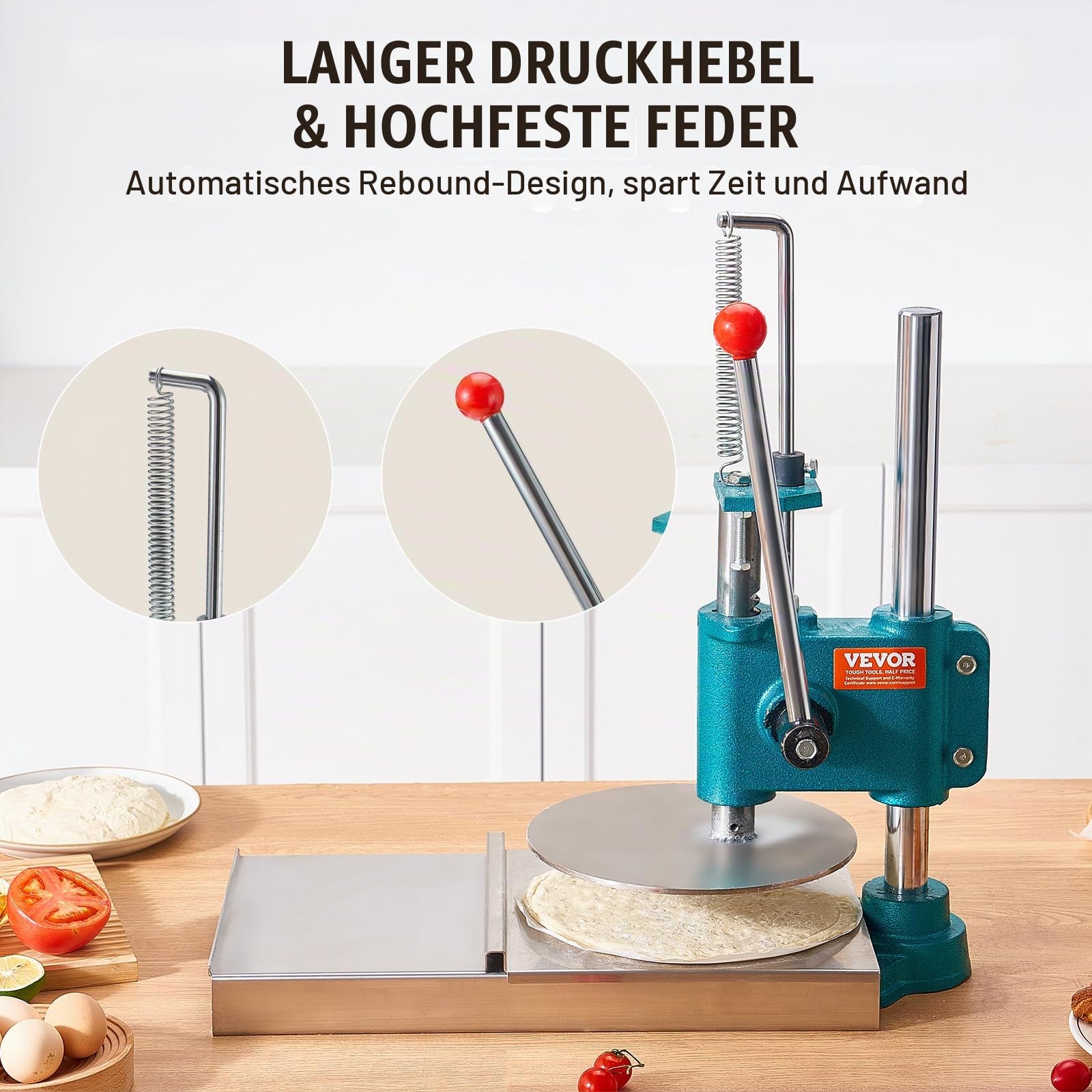VEVOR Manuelle Pizzateig-Gebäckpresse 24 cm, 5 mm Dicke Herstellungsmaschine zum Pressen von Pizza-Handküchen, Küche Pizzateigpresse, Kommerzielle Edelstahl Teigausrollmaschine Silber