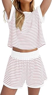 Famulily Gestreiftes Pyjama-Set für Damen, Sommer, weich, Loungewear, Tops und Shorts, Co ord Sets mit Taschen
