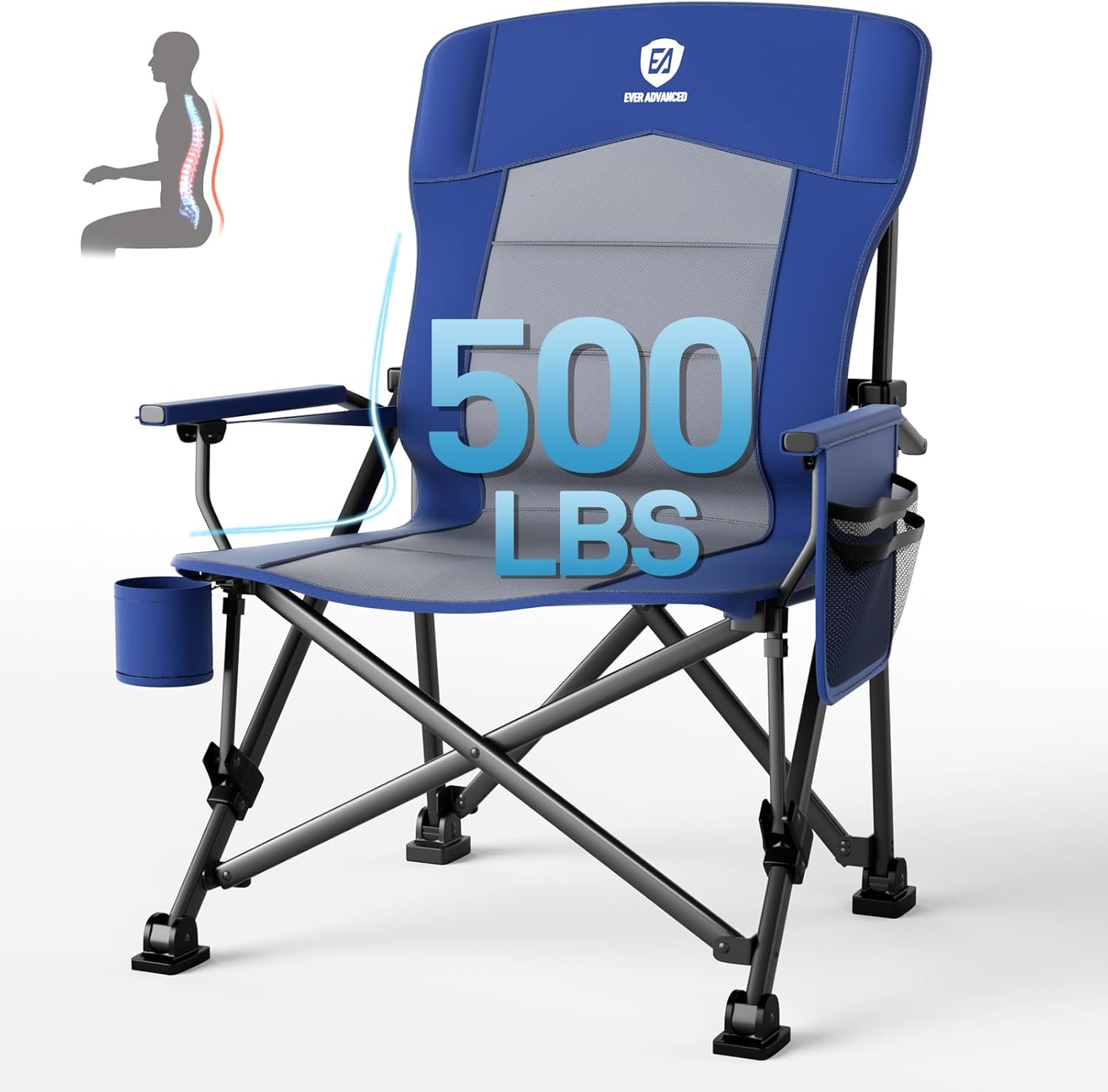 ever advanced oversized folding camping chair for adults with adjustable lumbar support, heavy duty chair with side pockets, portable collapsible quad chair for outside, support up to 500lbs,blue