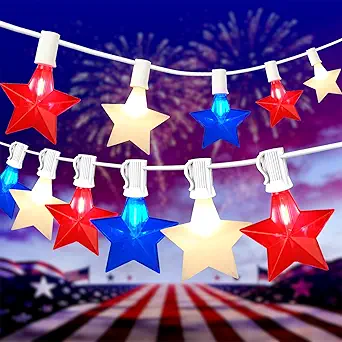 50FT 25-Light Patriotic Star String Lights, Red White and Blue LED Star Lights with White Wire, IP44 Water-Resistant 4th of July Decorations