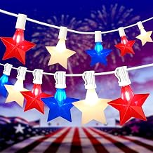 50FT 25-Light Patriotic Star String Lights, Red White and Blue LED Star Lights with White Wire, IP44 Water-Resistant 4th of July Decorations for Independence Day, Patio and Party Decor