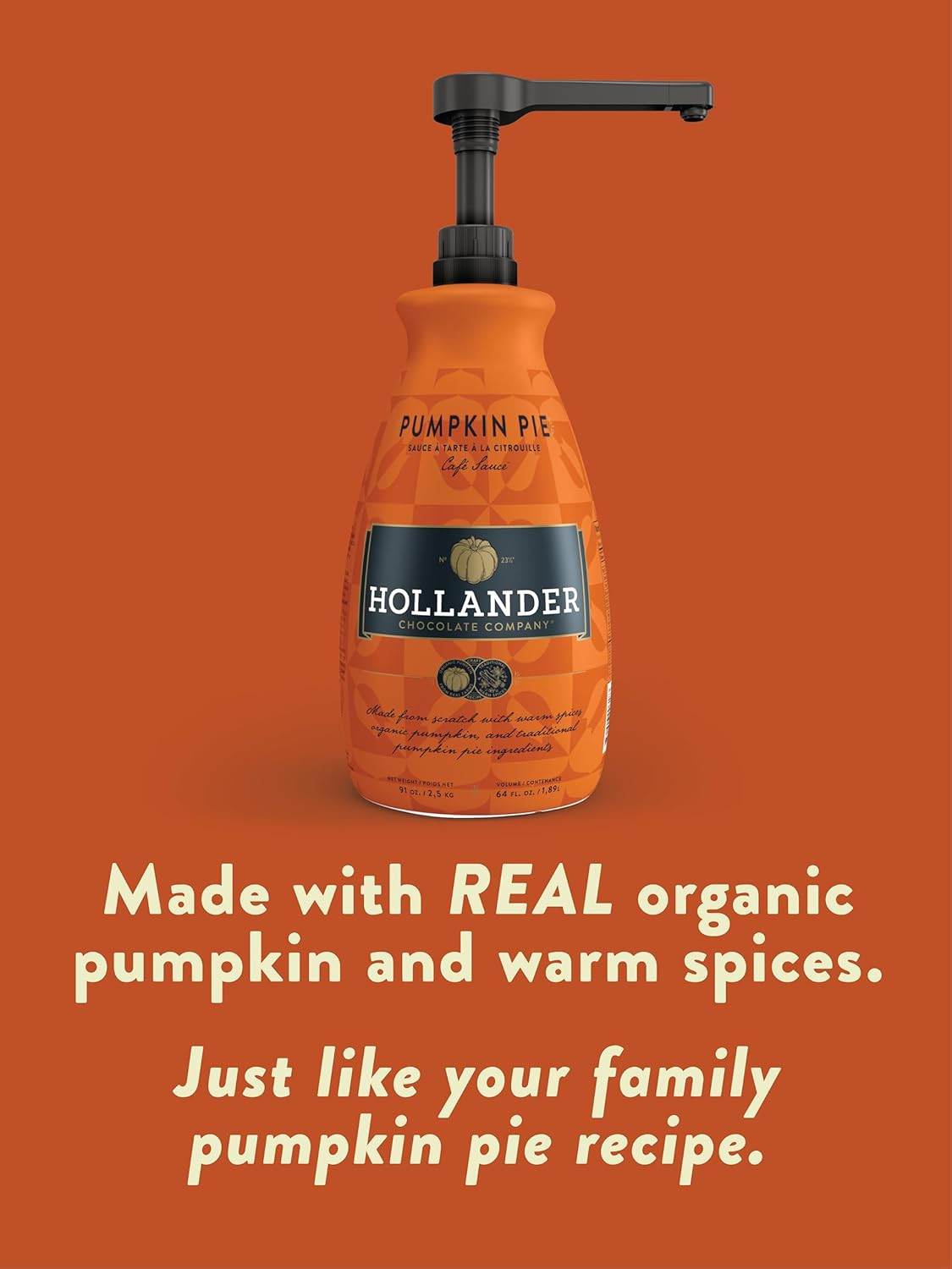 Hollander Pumpkin Pie Sauce | Made with Organic Pumpkin and Warm Spices | Net Wt. 91 oz. – 64 fl. oz. | Pump Included