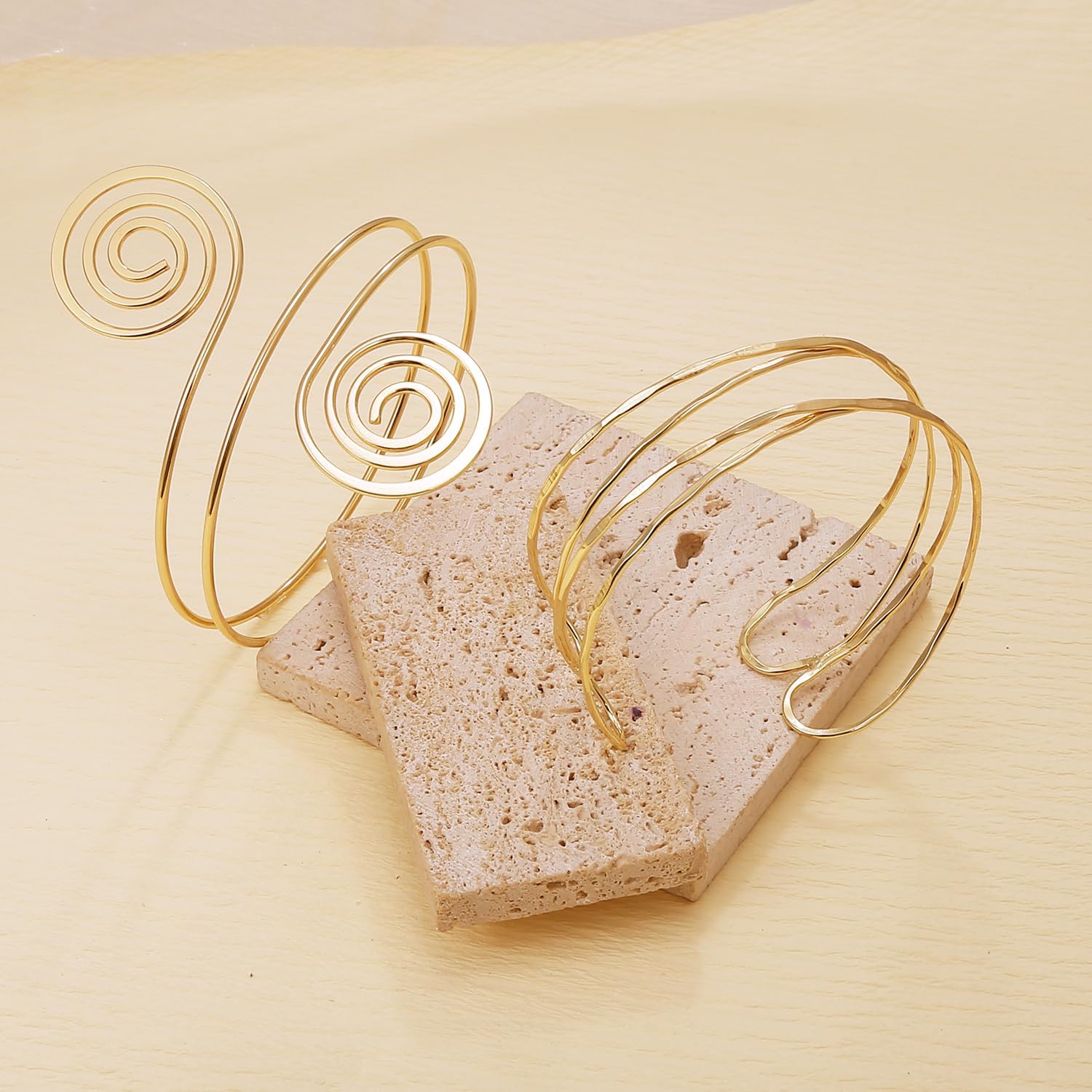 BROCC 2PCS Gold Coil Swirl Upper Arm Bracelet for Women Open Upper Arm Cuff Bangle Armlet Gold Silver Adjustable Armband Bracelet Set - Image 5