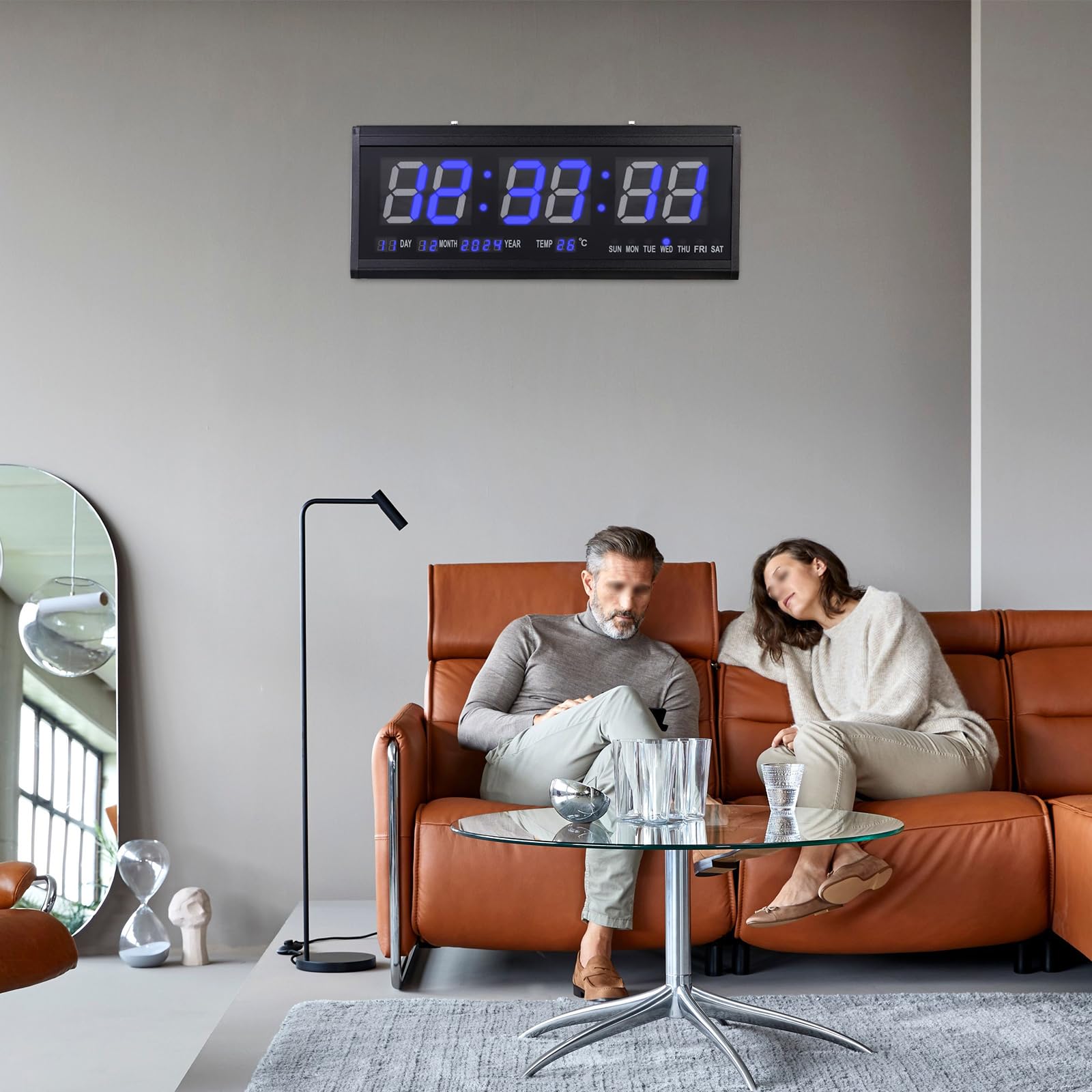 Grande orologio da parete digitale con display a LED, moderno orologio digitale con temperatura e datario, orologio da parete rettangolare con spina di alimentazione per casa e ufficio