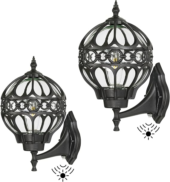 Dusk to Dawn Globe Outdoor Wall Lights for Porch, Black House Exterior Light Fixtures Wall Mount, Anti-Rust Sphere Outside Wall Sconces Lanterns Lighting, 2 Pack