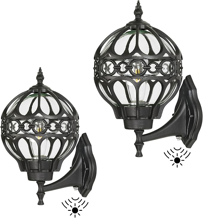 Dusk to Dawn Globe Outdoor Wall Lights for Porch, Black House Exterior Light Fixtures Wall Mount, Anti-Rust Sphere Outside Wall Sconces Lanterns Lighting, 2 Pack