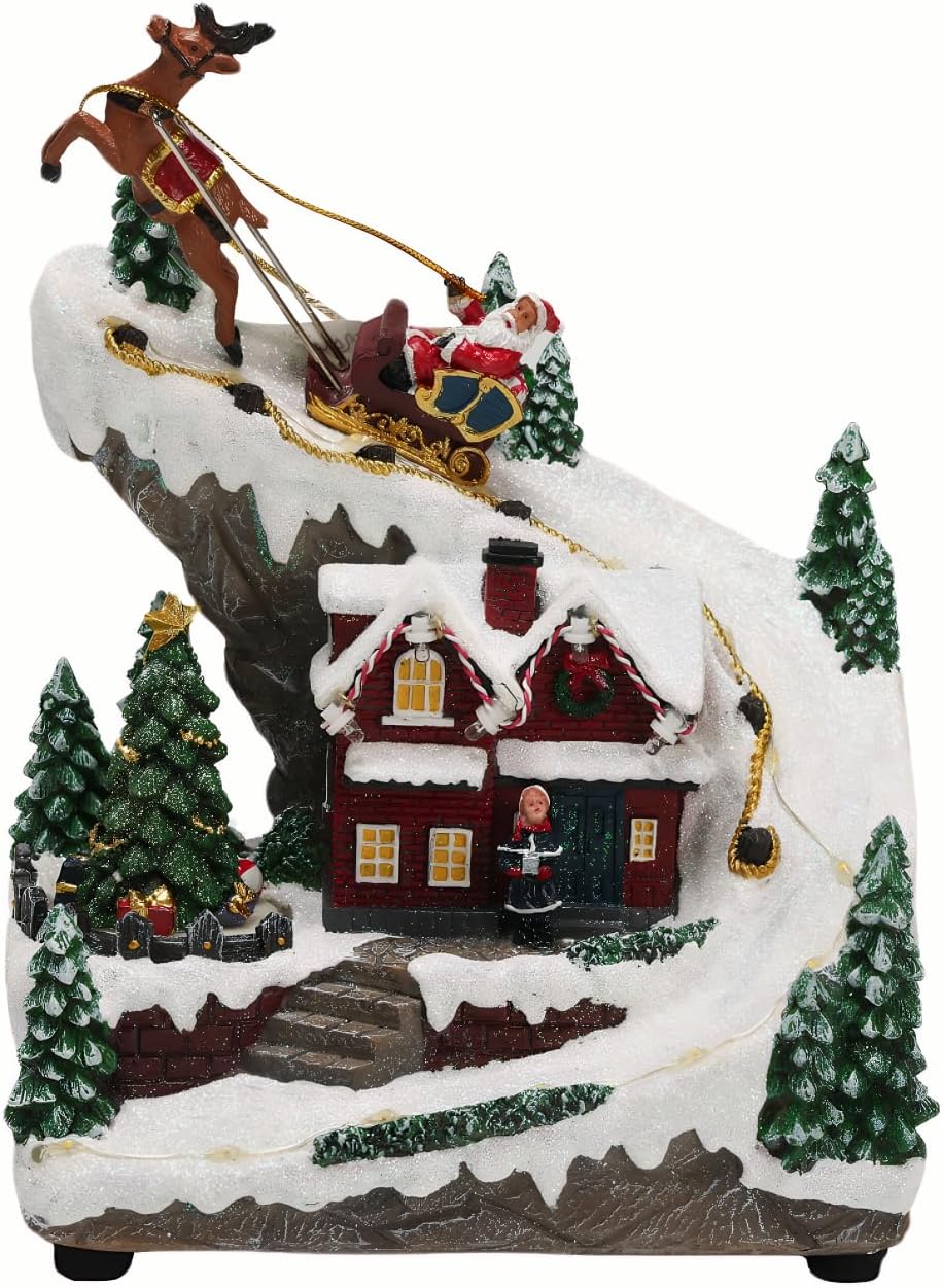 Giftgarden Christmas Village House with Santa Deer Sleigh, Musical Lighted Christmas Collectible Building Tabletop Decoration