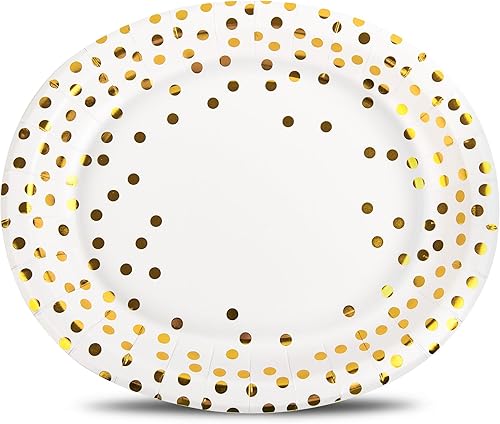 AimFun 50 platos de papel ovalados grandes desechables dorados de lunares dorados de 10 x 12 pulgadas, bandeja decorativa para servir postres para