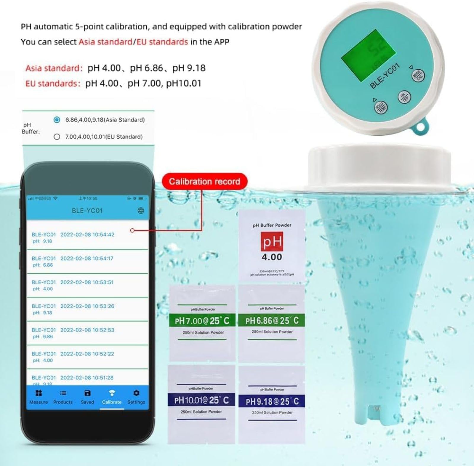 Probador de Agua Digital, Detector de Calidad Del Agua, 6 en 1 PH EC TDS ORP TEMP Residual Chlorine Water Tester Pen Aplicación Remota A Prueba de Agua, para Agua Potable Piscina Acuario Hidroponía