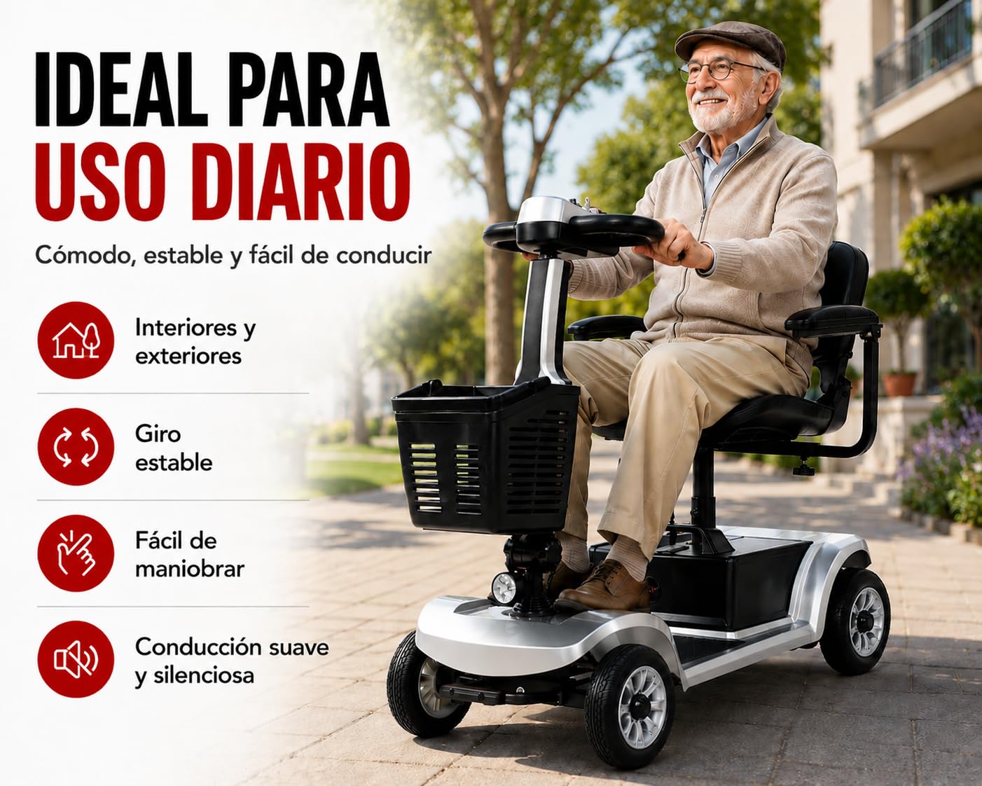 Scooter de Movilidad Plegable 4 Ruedas 35 km Plata | Autonomía de hasta 35 km, capacidad máxima de 190 kg y asiento giratorio cómodo.